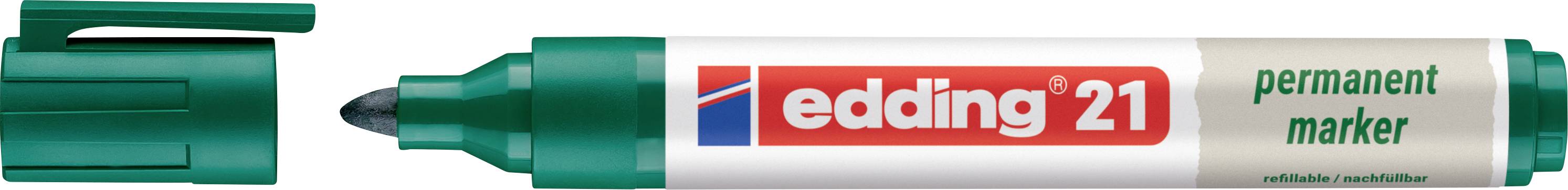Grüner Edding 21 Permanentmarker mit Kappe, die neben der Spitze gezeigt wird, rot und grün auf einem weißen Schaft gekennzeichnet.