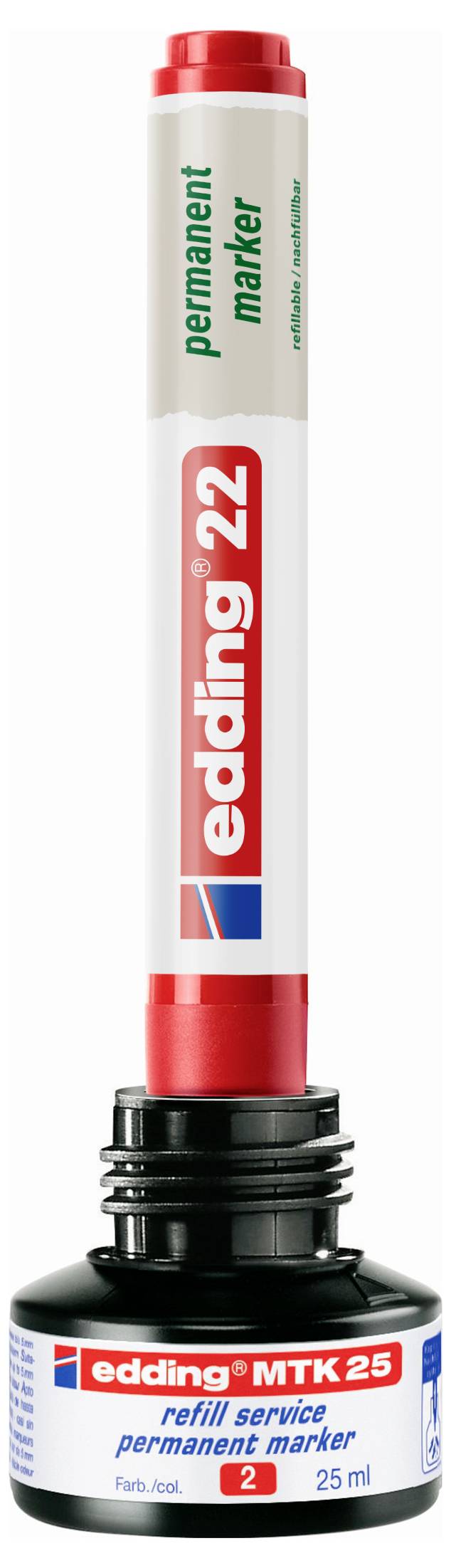 Ein edding 22 Nachfüllservice Permanentmarker aufrecht mit roter Kappe und schwarzem Sockel, gezeigt als eine Produktflasche mit der Bezeichnung "edding 22".