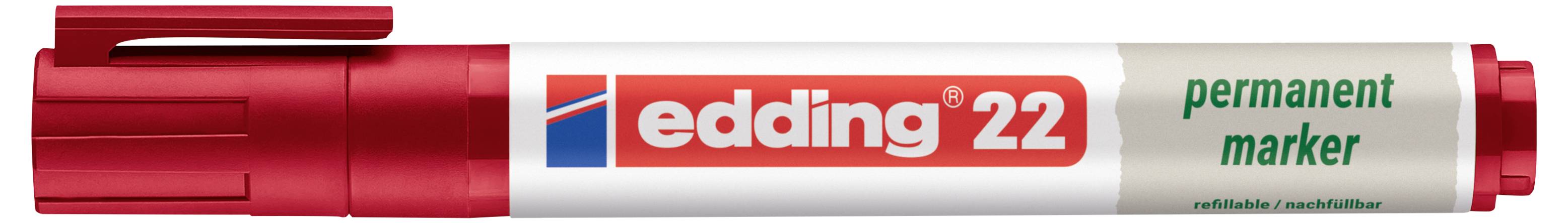 Roter Edding 22 Permanentmarker mit aufgesetzter Kappe, beschriftet mit „edding 22" und „permanent marker".
