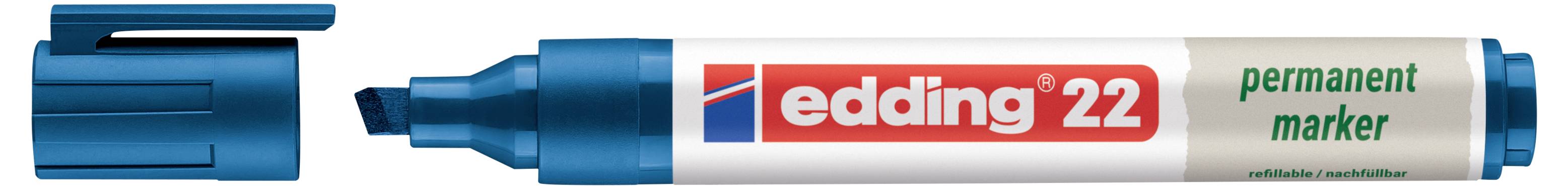 Blauer Edding 22 Permanentmarker mit Keilspitze und Kappe neben dem Stiftkörper, beschriftet mit "edding 22" und "permanent marker".
