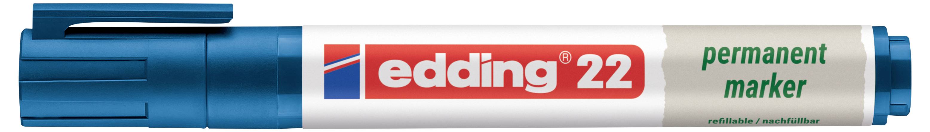 Weißer Edding 22 Permanent Marker mit blauer Kappe und rotem Logo auf dem Stift, horizontal auf weißem Hintergrund dargestellt.