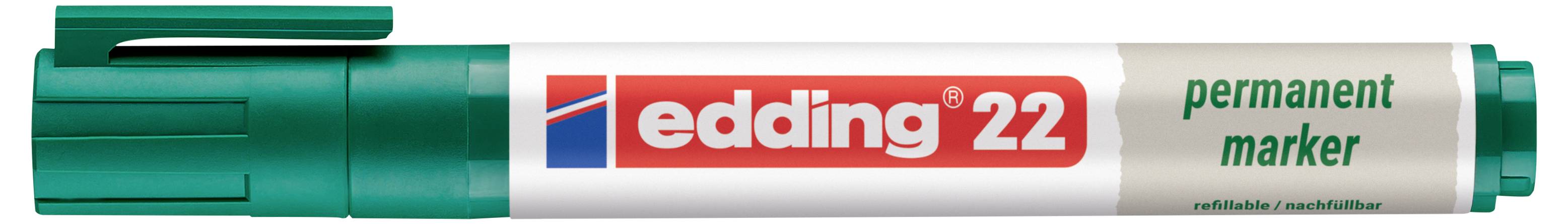 Grüner und weißer Edding 22 Permanentmarkerstift mit Kappe, beschriftet mit "edding 22" und "permanent marker".