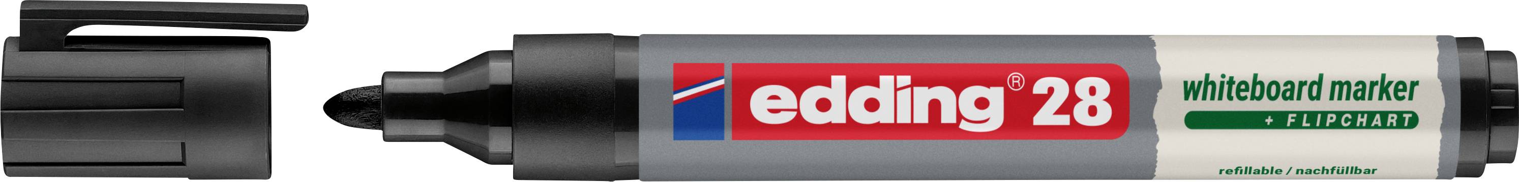 Schwarzer Whiteboard-Marker mit Kappe, beschriftet mit „edding 28