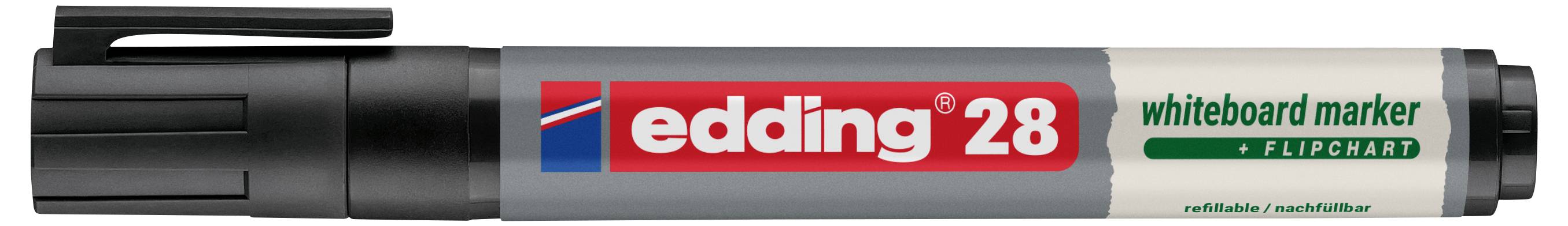 Schwarzer Whiteboard-Marker mit der Bezeichnung „edding 28" und „whiteboard marker" mit breiter Meißelspitze.