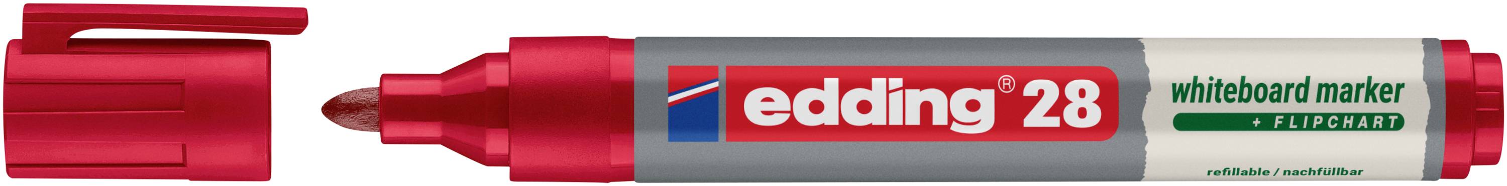 Roter Whiteboard-Marker mit der Bezeichnung "edding 28" mit daneben abgebildeter Kappe.