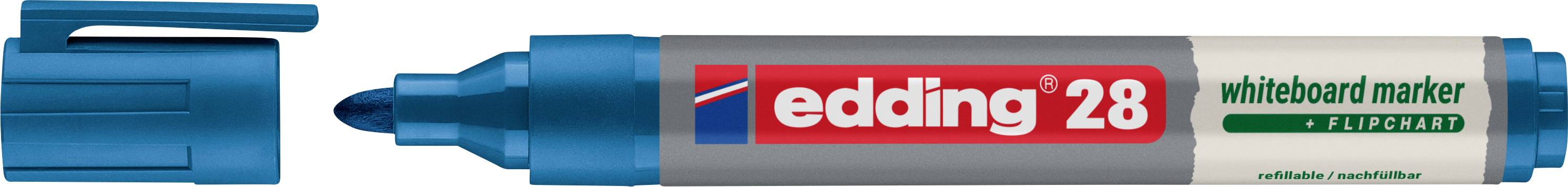 Blauer Edding 28 Whiteboard-Marker mit separat abgebildeter Kappe neben dem Stiftkörper, gekennzeichnet für Whiteboards und Flipcharts.