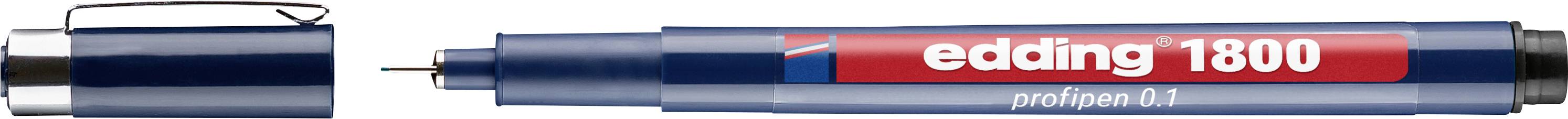 Ein blauer Edding 1800 profipen 0,1 Technischer Stift, auf der linken Seite geschlossen und auf der rechten Seite offen mit seiner feinen Spitze gezeigt.