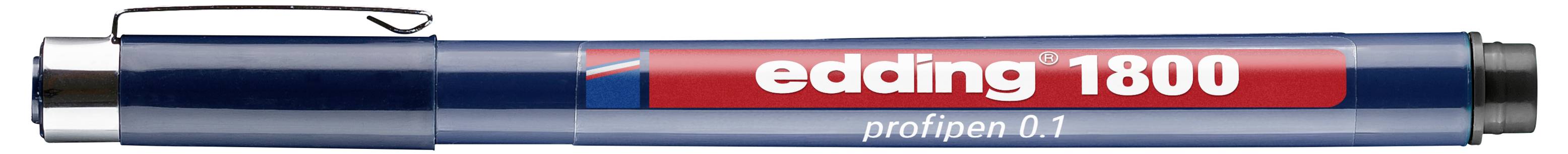 Blauer Edding 1800 Fineliner-Stift mit rotem Etikett und Metallclip, horizontal auf weißem Hintergrund dargestellt.