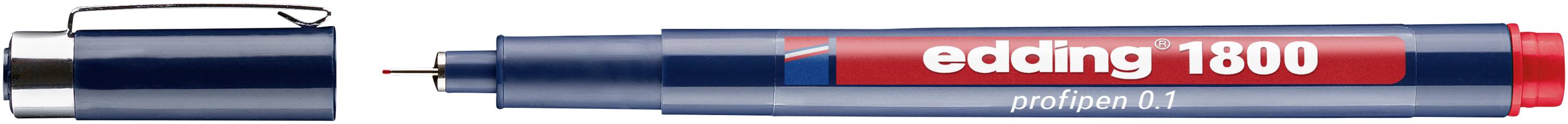 Ein blauer, roter und silberner Edding 1800 Fineliner-Stift mit Kappe, neben der Stiftspitze gezeigt.