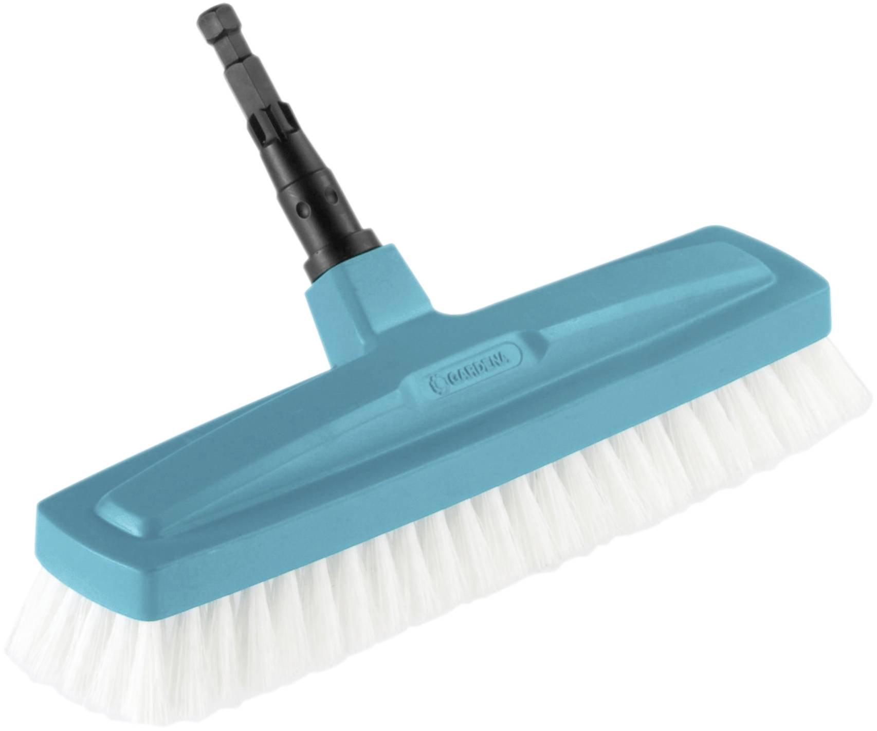 Blaue Bürste mit steifem weißen Borstenbesatz und schwarzem Griffaufsatz. Geeignet für die Reinigung glatter Oberflächen.