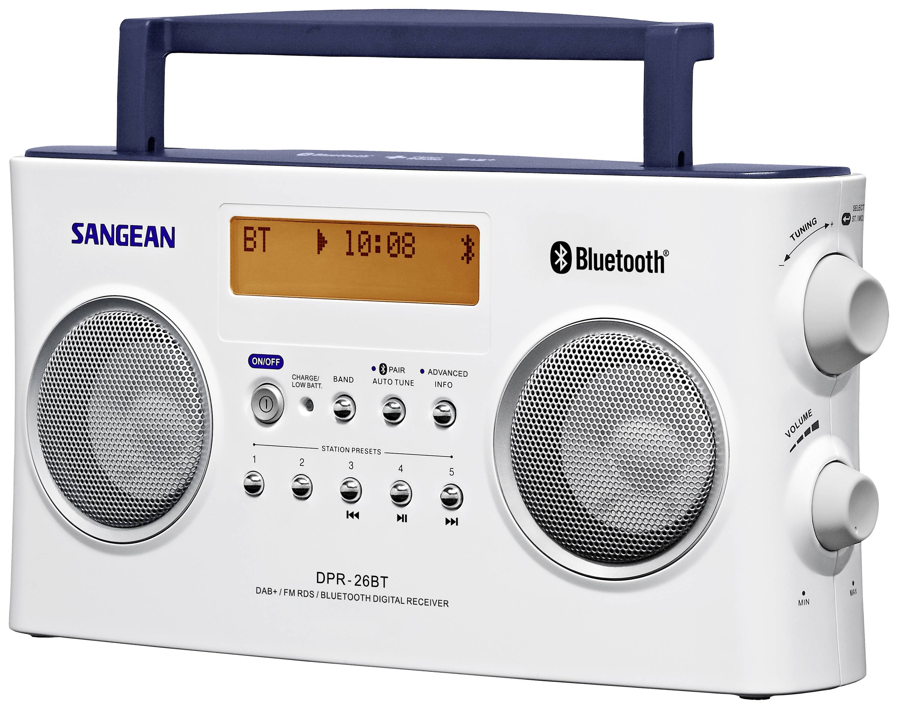 Sangean DPR-26 BT Kofferradio DAB+, UKW AUX, Bluetooth® Akku-Ladefunktion Weiß