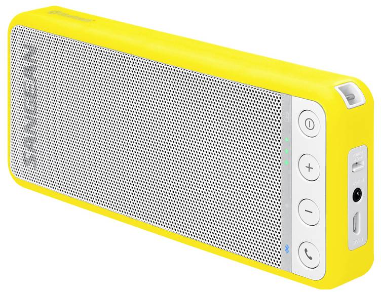Gelber tragbarer Bluetooth-Lautsprecher mit perforiertem Frontgitter, Lautstärke-, Anrufen- und Ein-/Aus-Tasten an der Seite, auf weißem Hintergrund dargestellt.