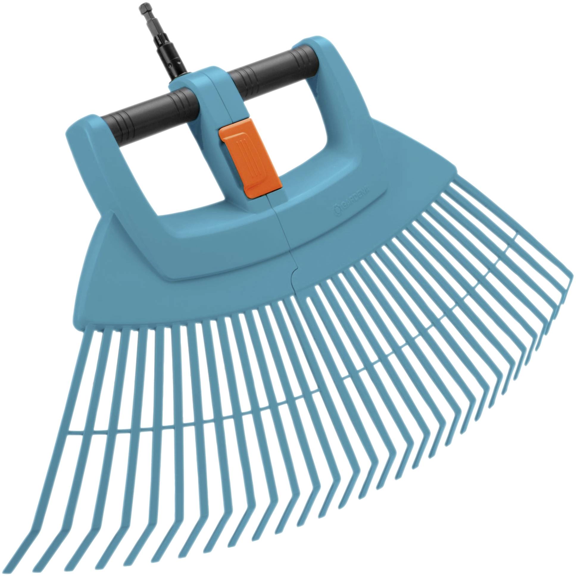 Ein blauer Laubrechen mit schwarzen Griffen und einem orangefarbenen Verschlussmechanismus, zum Sammeln von Laub im Garten.
