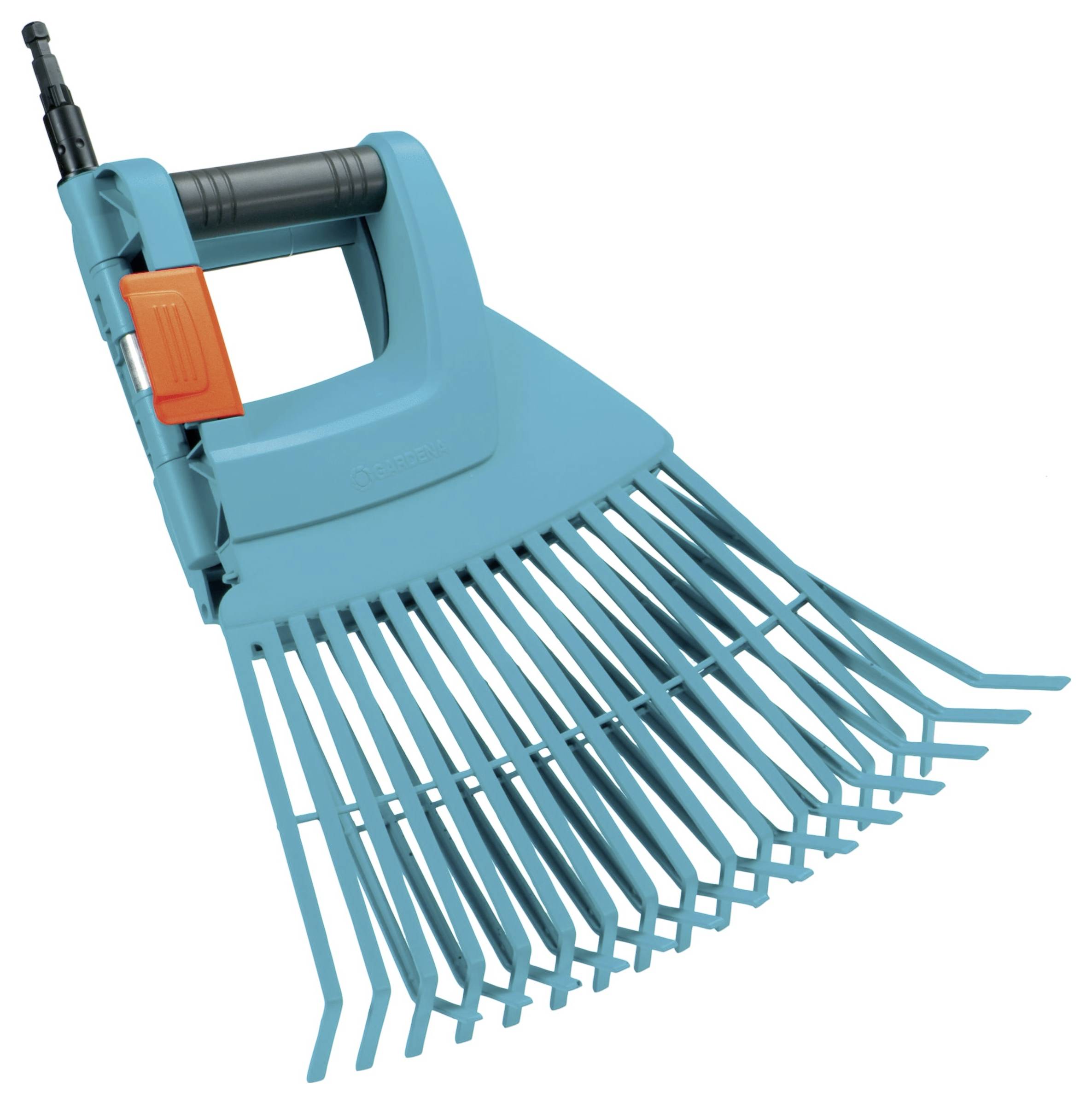 Ein blauer, klappbarer Rechen mit schwarzem Griff und orangefarbenem Verriegelungsknopf, für Gartenarbeiten geeignet.