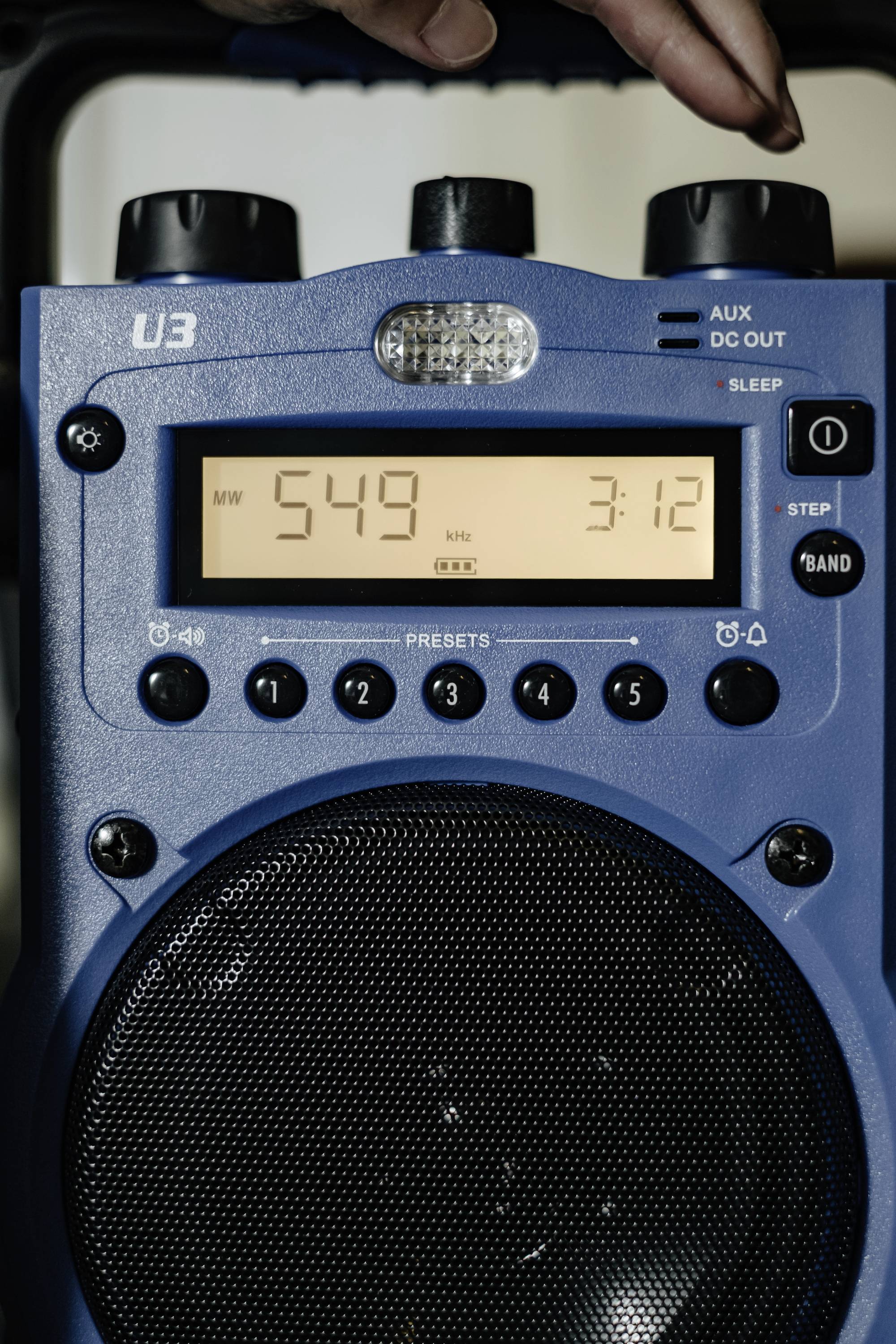 Sangean U-3 Baustellenradio UKW, MW AUX spritzwassergeschützt, staubdicht, stoßfest, Taschenlampe Blau