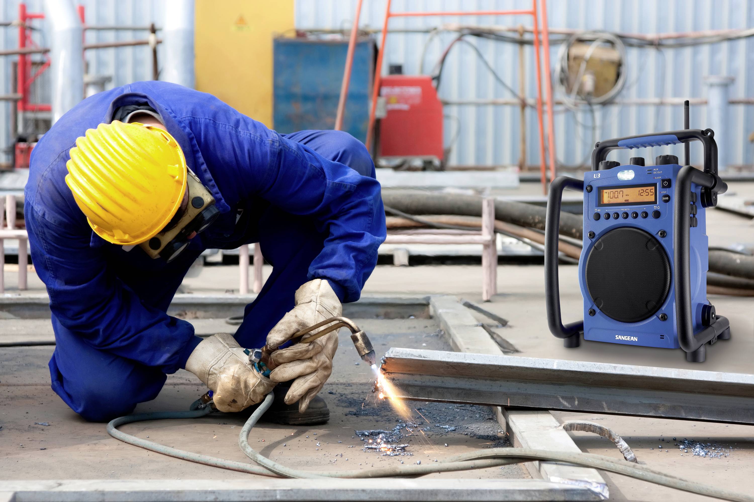 Sangean U-3 Baustellenradio UKW, MW AUX spritzwassergeschützt, staubdicht, stoßfest, Taschenlampe Blau