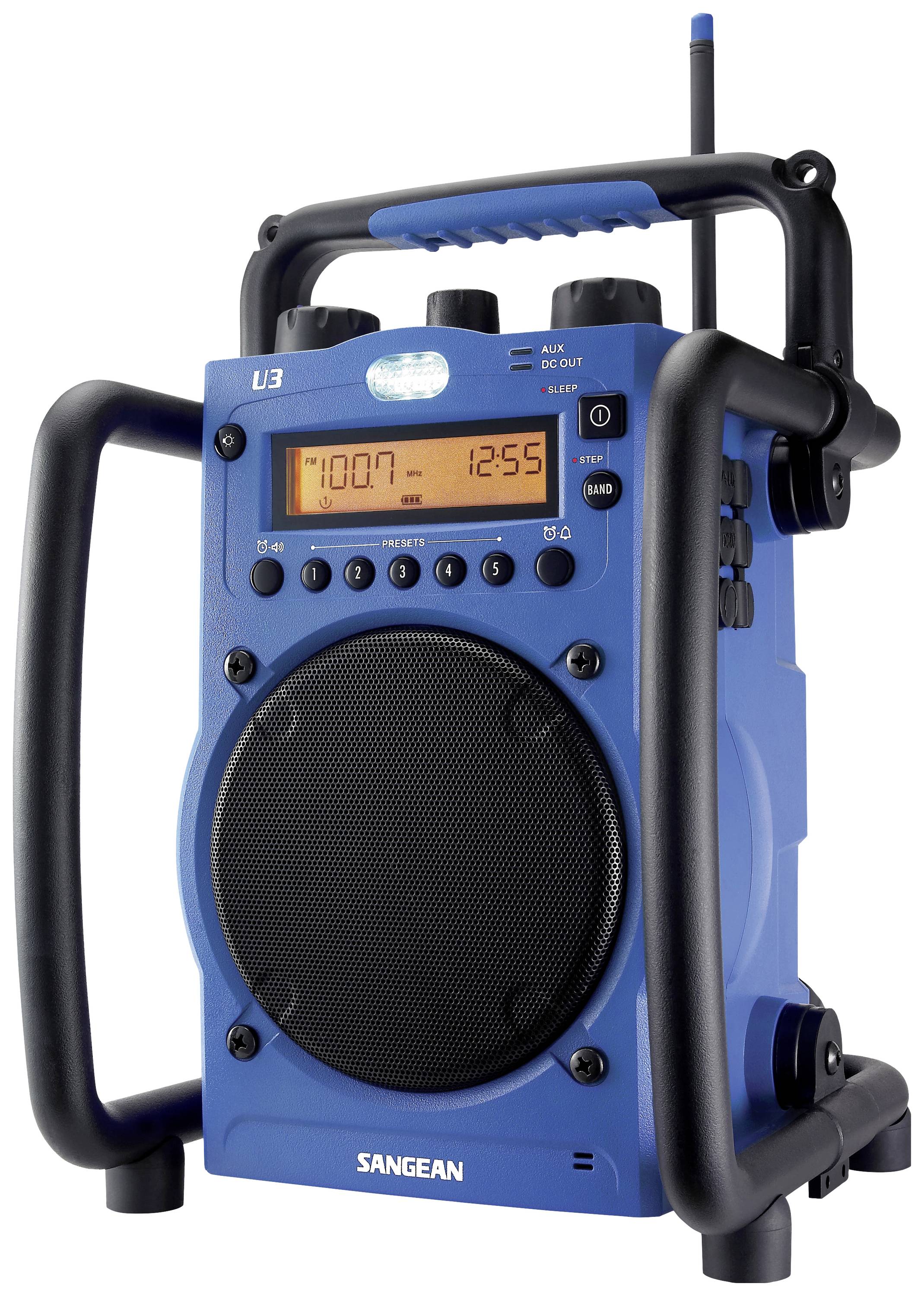 Sangean U-3 Baustellenradio UKW, MW AUX spritzwassergeschützt, staubdicht, stoßfest, Taschenlampe Blau