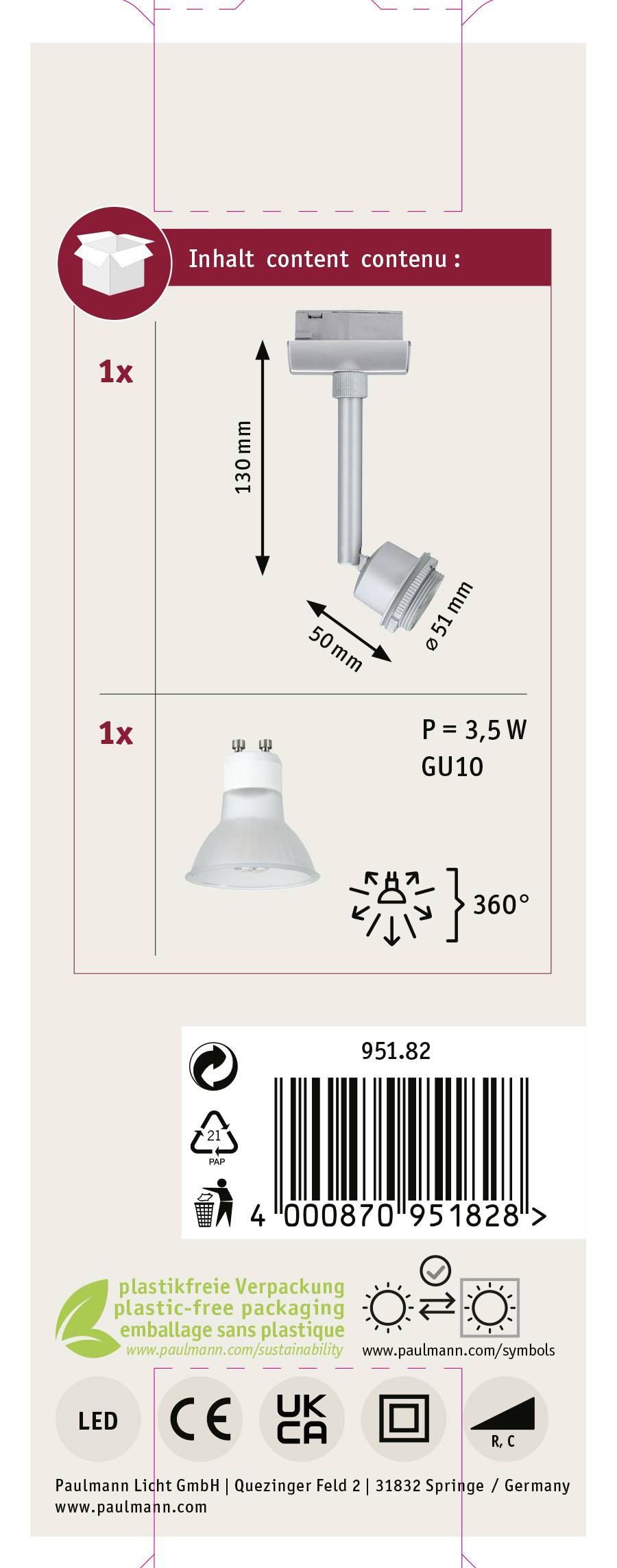 Paulmann DecoSystems Hochvolt-Schienensystem-Leuchte URail GZ10 3.5W LED Chrom (matt)