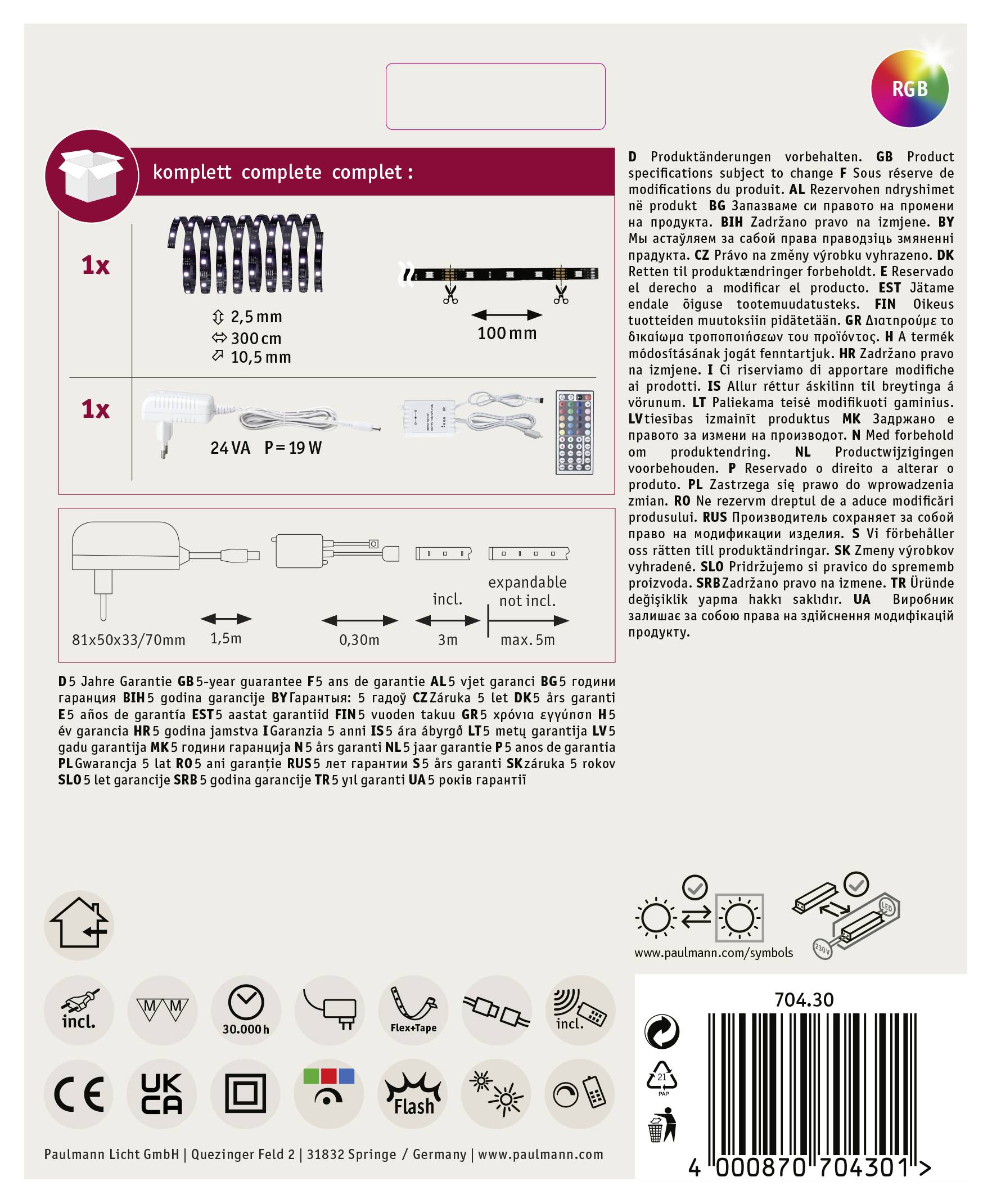 Paulmann YourLED ECO 70430 LED-Streifen-Basisset mit Stecker 12V 3m RGB 1St.