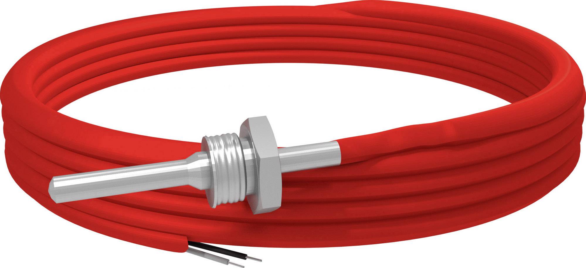Rotes, spiralförmiges Heizkabel mit Metallanschlussstück, geeignet für Temperaturregelung oder industrielle Anwendungen.