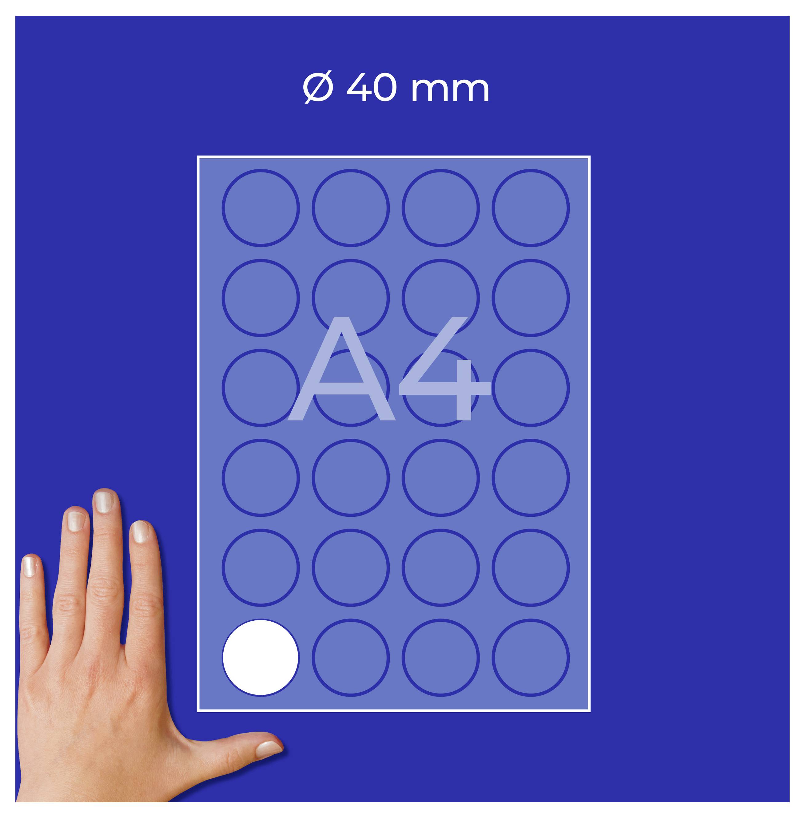 Illustration eines A4-Bogens mit 40-mm-Rundetiketten; unten links vergleicht eine Hand die Größe.