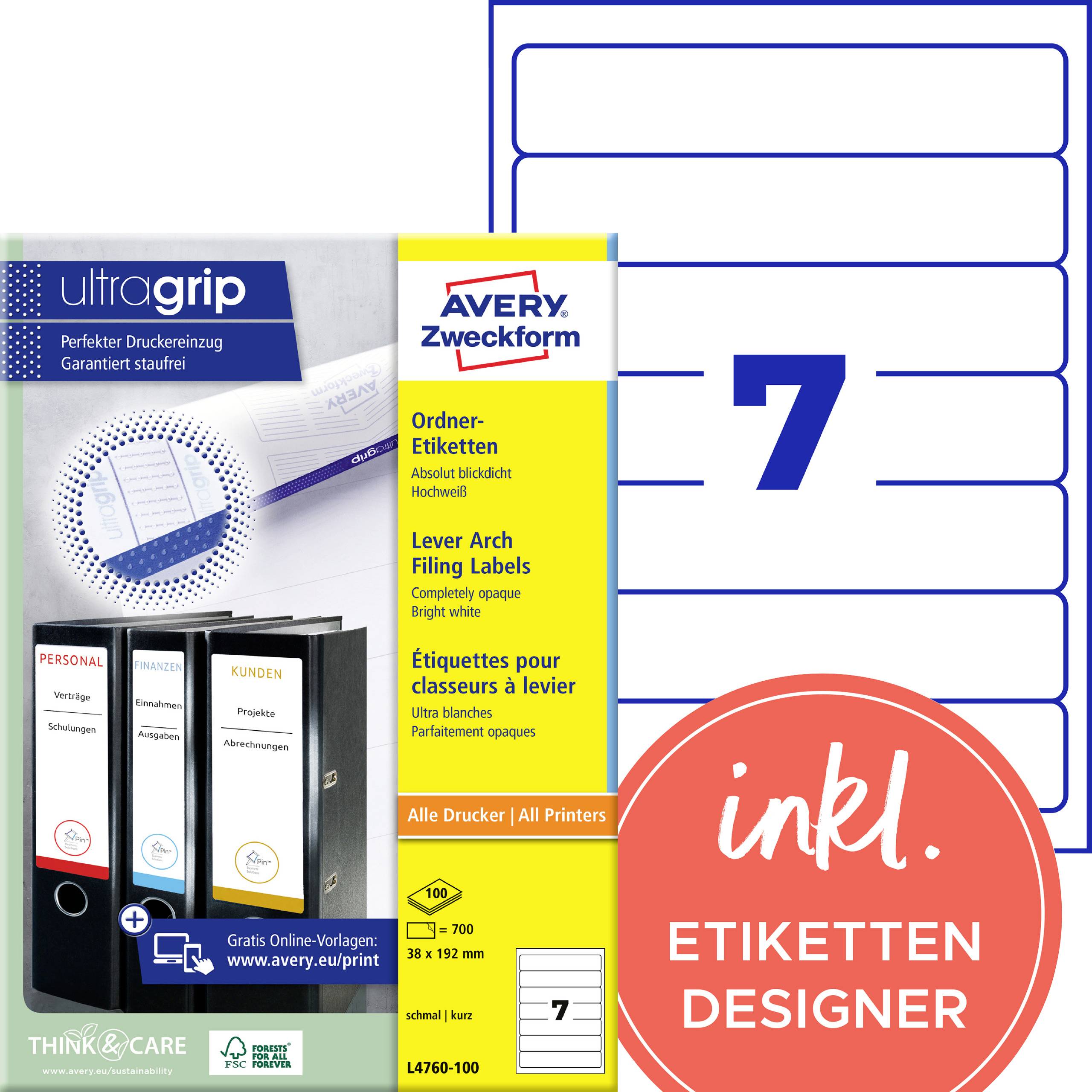 Produktverpackung für Avery Zweckform Ablage-Etiketten, mit Etikettenseiten und einem großen roten Abzeichen mit der Aufschrift „inkl. ETIKETTEN DESIGNER".