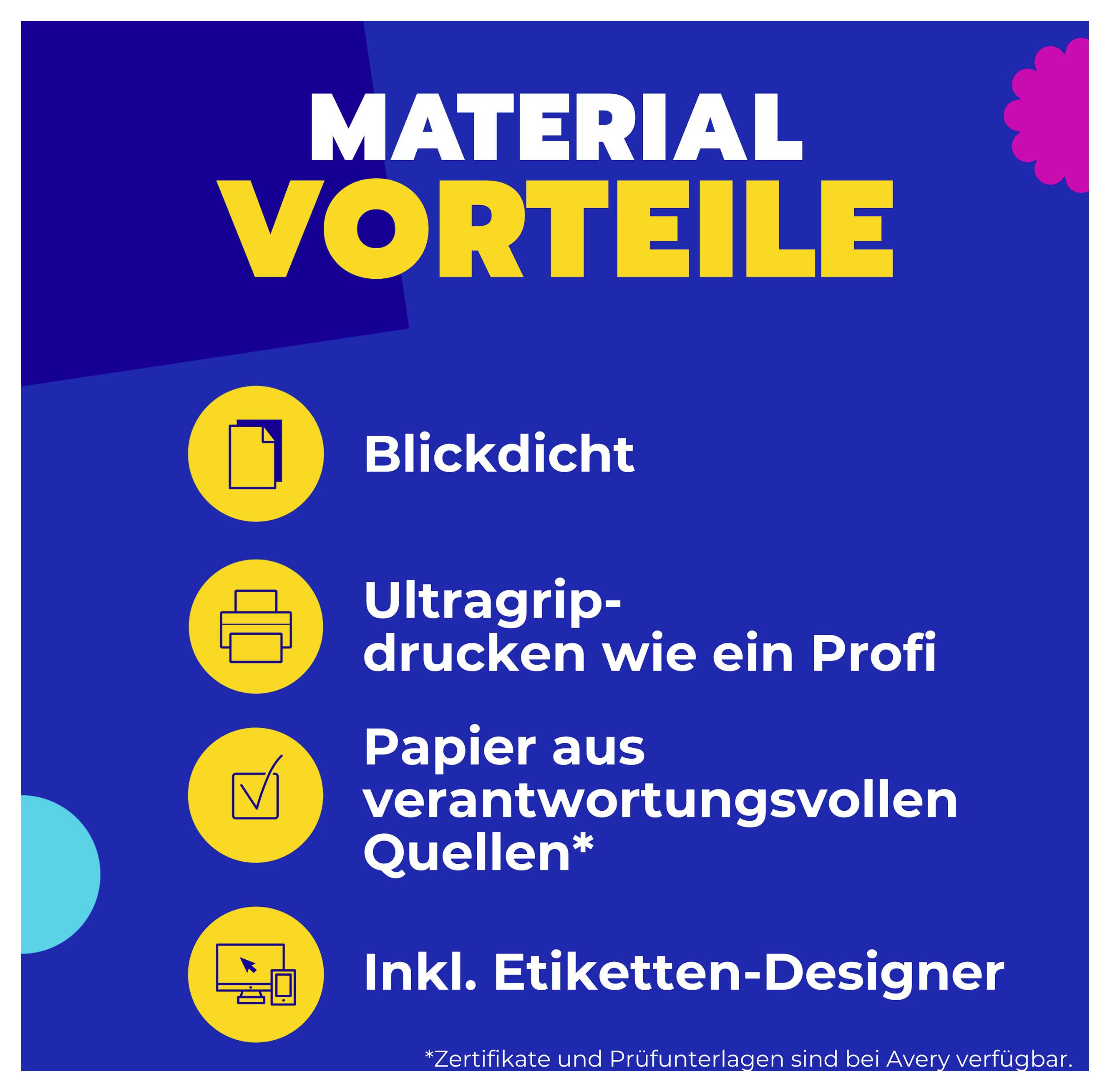 Infografik 'Material Vorteile' mit vier Punkten: blickdicht, Ultragrip-Drucken wie ein Profi, Papier aus verantwortungsvollen Quellen, inkl. Etiketten-Designer.