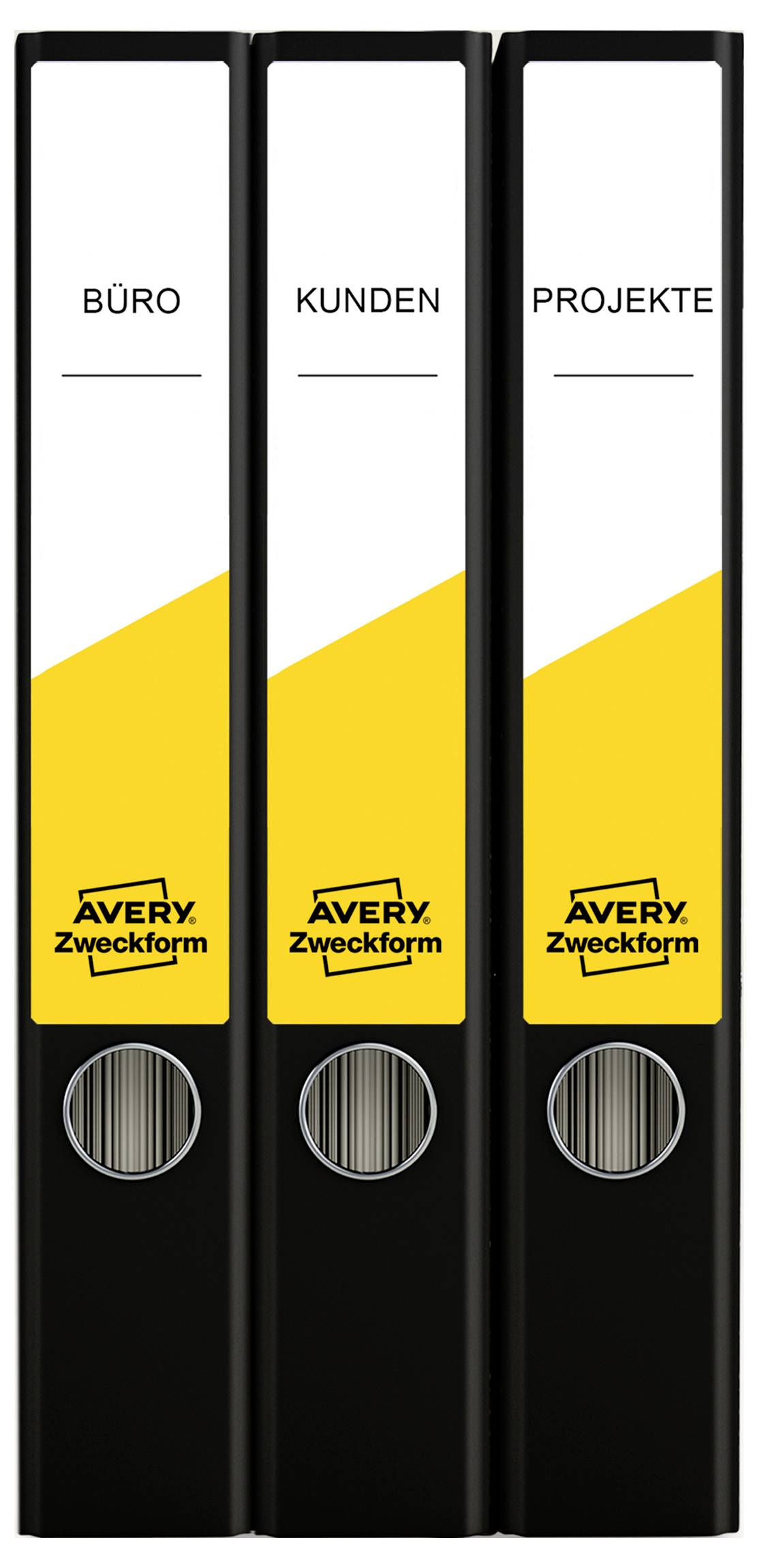 Drei schwarze Avery Zweckform-Ordner nebeneinander mit den Beschriftungen 'BÜRO', 'KUNDEN' und 'PROJEKTE'.