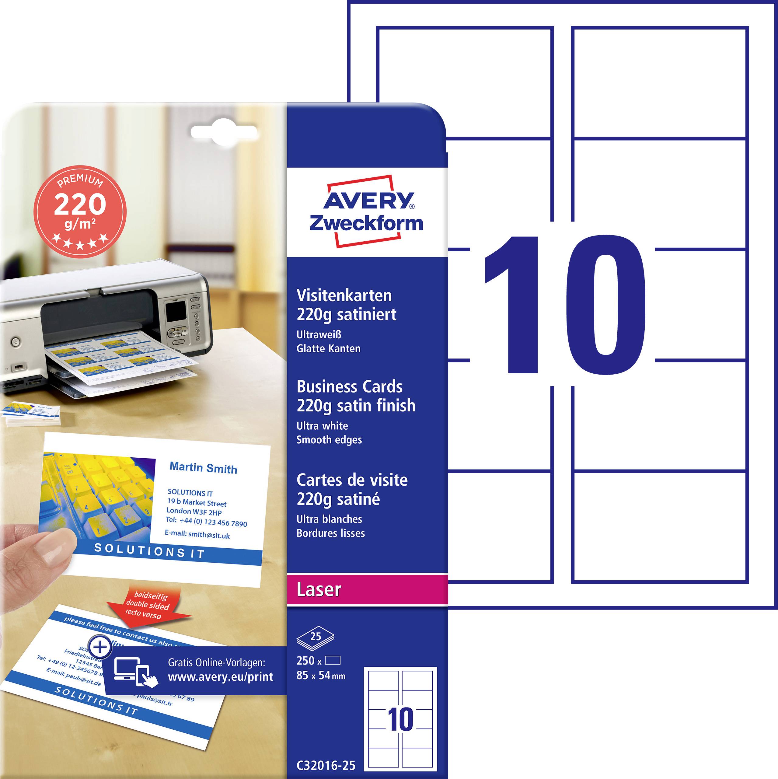Avery Zweckform Visitenkartenpapier, Packung mit 10 leeren Karten pro Blatt, 220 g/m² Satinfinish, für Laserdrucker.