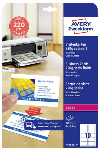 Avery-Zweckform C32016-25 Bedruckbare Visitenkarten, glatte Kanten 85 x 54 mm Weiß 250 St. Papierfo