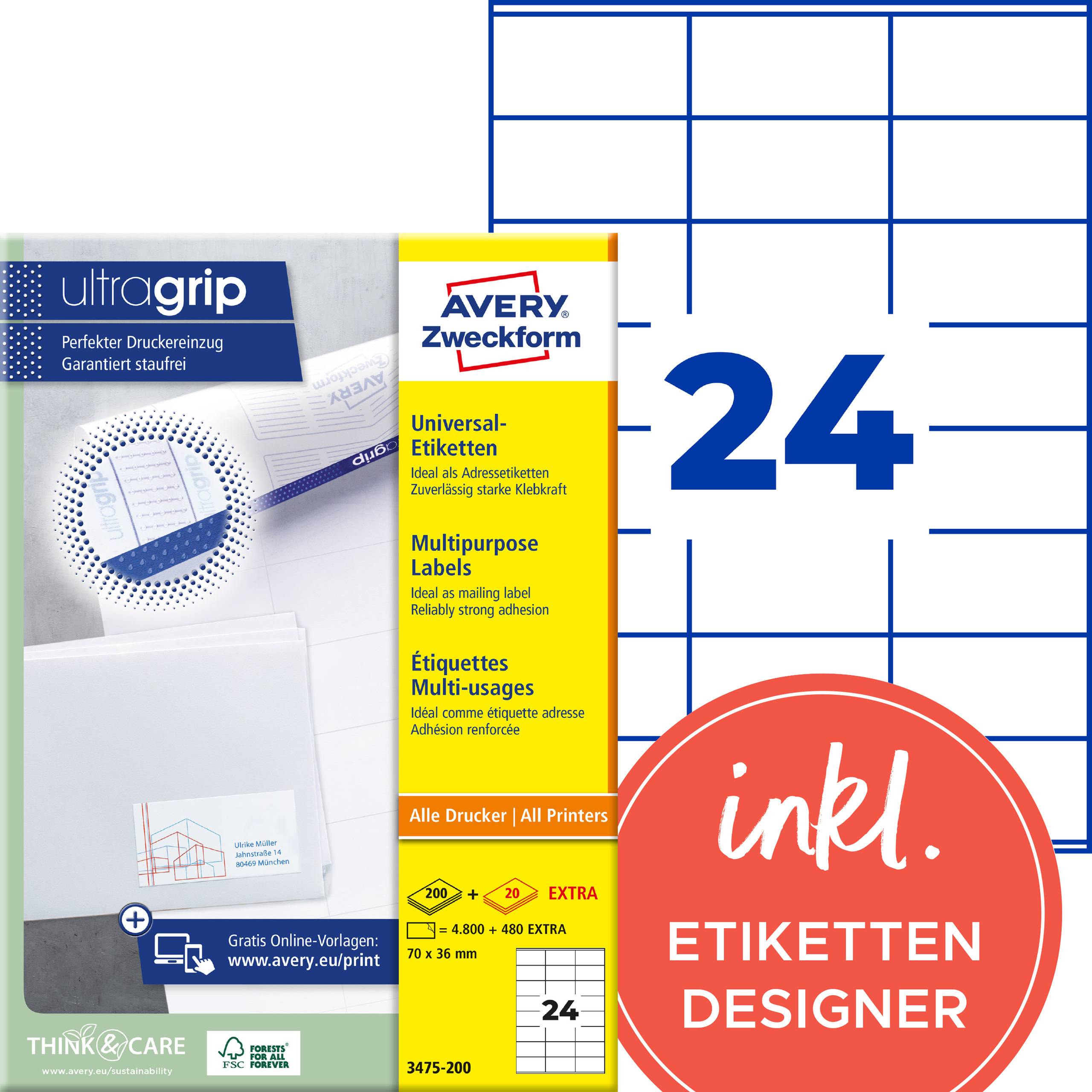 Avery Zweckform Etikettenverpackung für 24 Blatt, mit 'inkl. ETIKETTEN DESIGNER' und universelle Mehrzweck-Etiketten für alle Drucker.