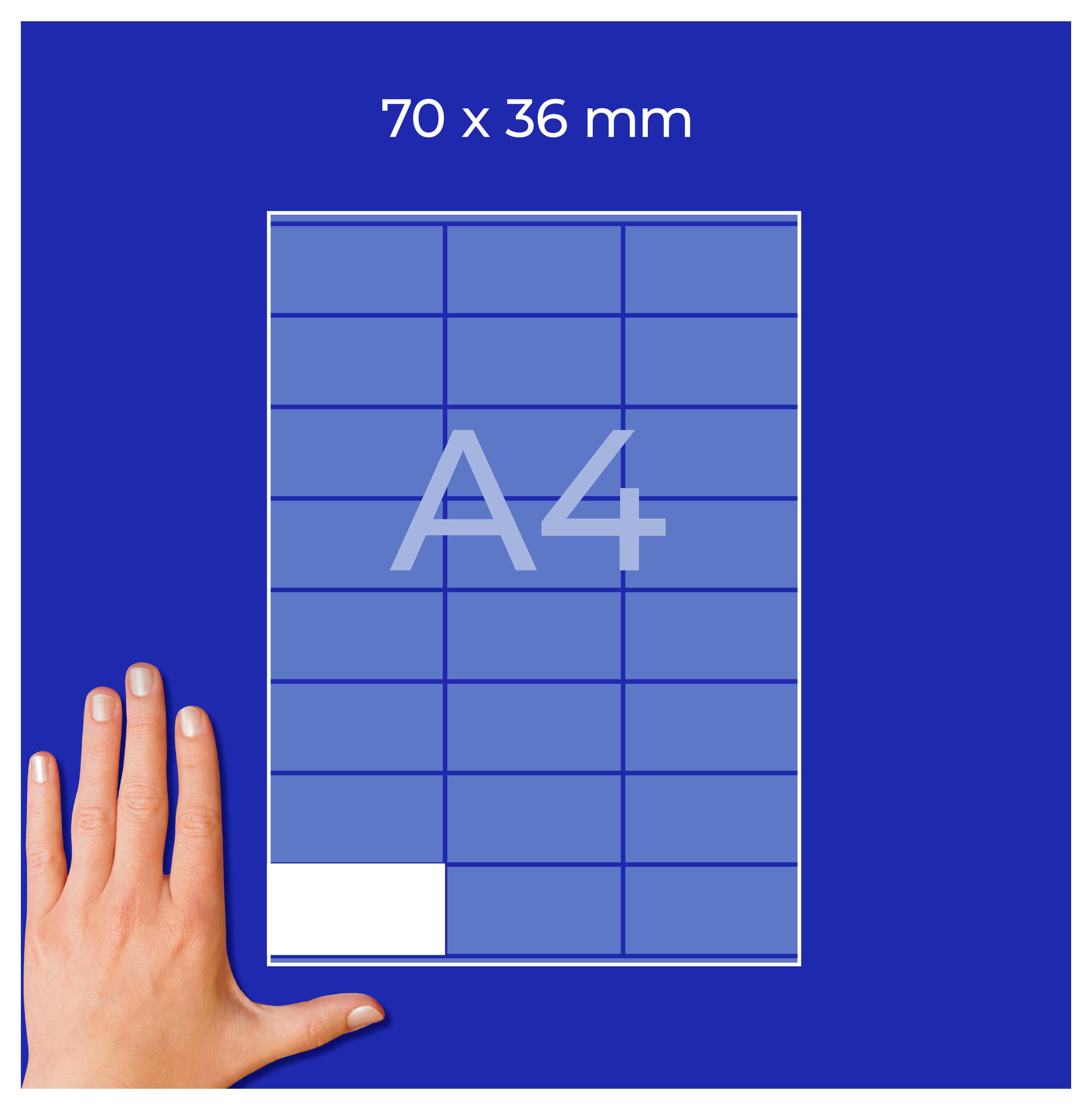 A4-Seite mit Raster und Maßangabe '70 x 36 mm'; links eine Hand als Größenvergleich.