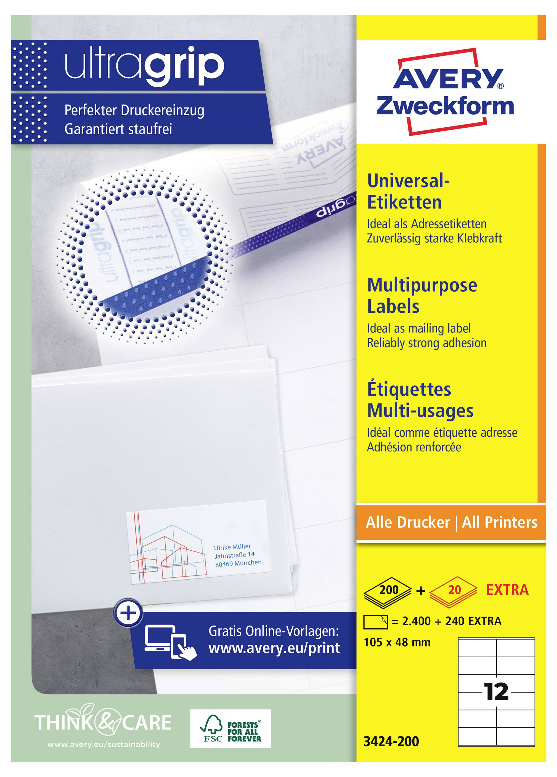 Avery Zweckform 'ultragrip' Universaletiketten Paket, zeigt Mehrzwecketiketten mit extra starker Haftung für alle Drucker.