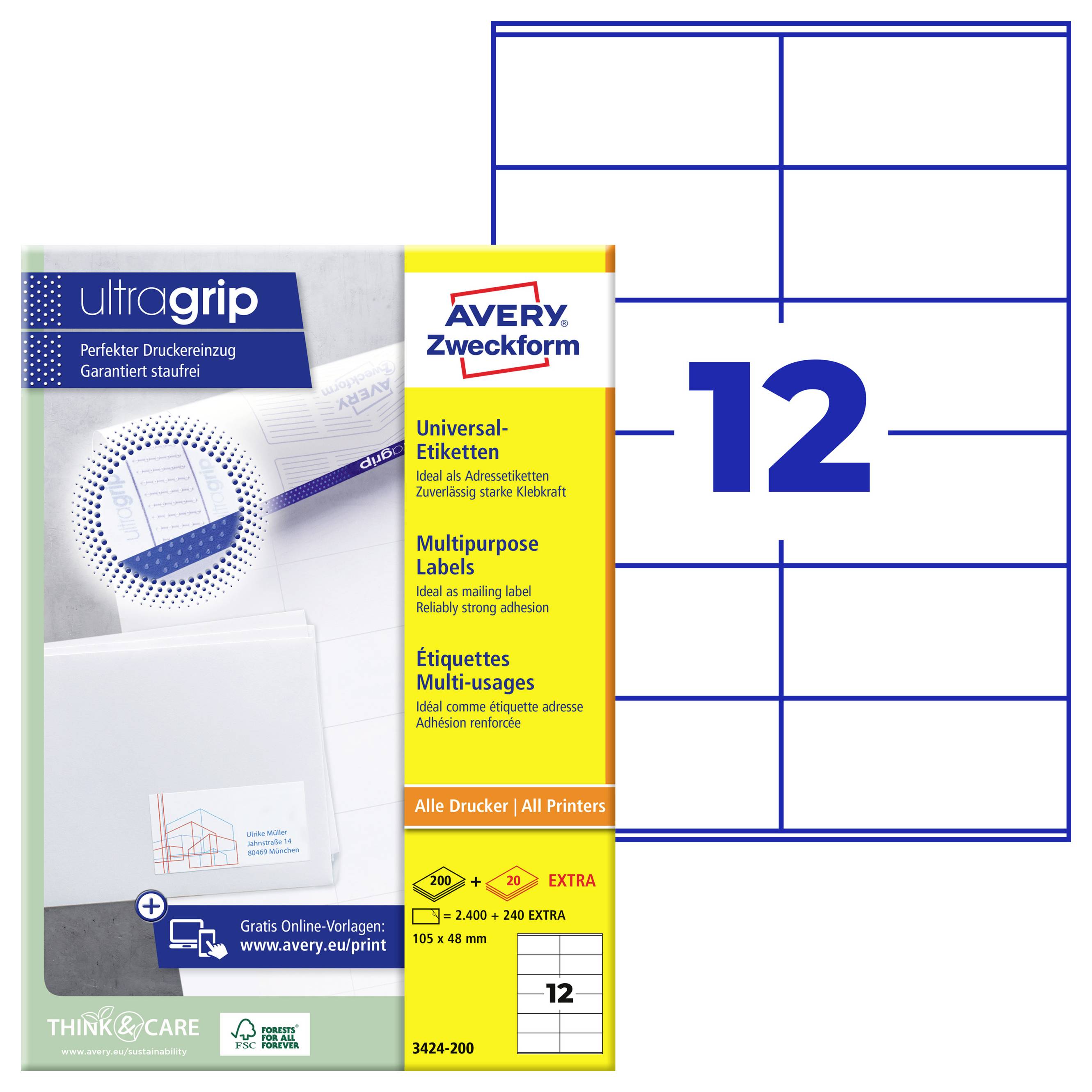 Avery Zweckform Universaletiketten Paket für die Druckerverwendung, mit 200 Blättern plus 20 Extra und einem großen Musteretikettenblatt mit der Bezeichnung 12.