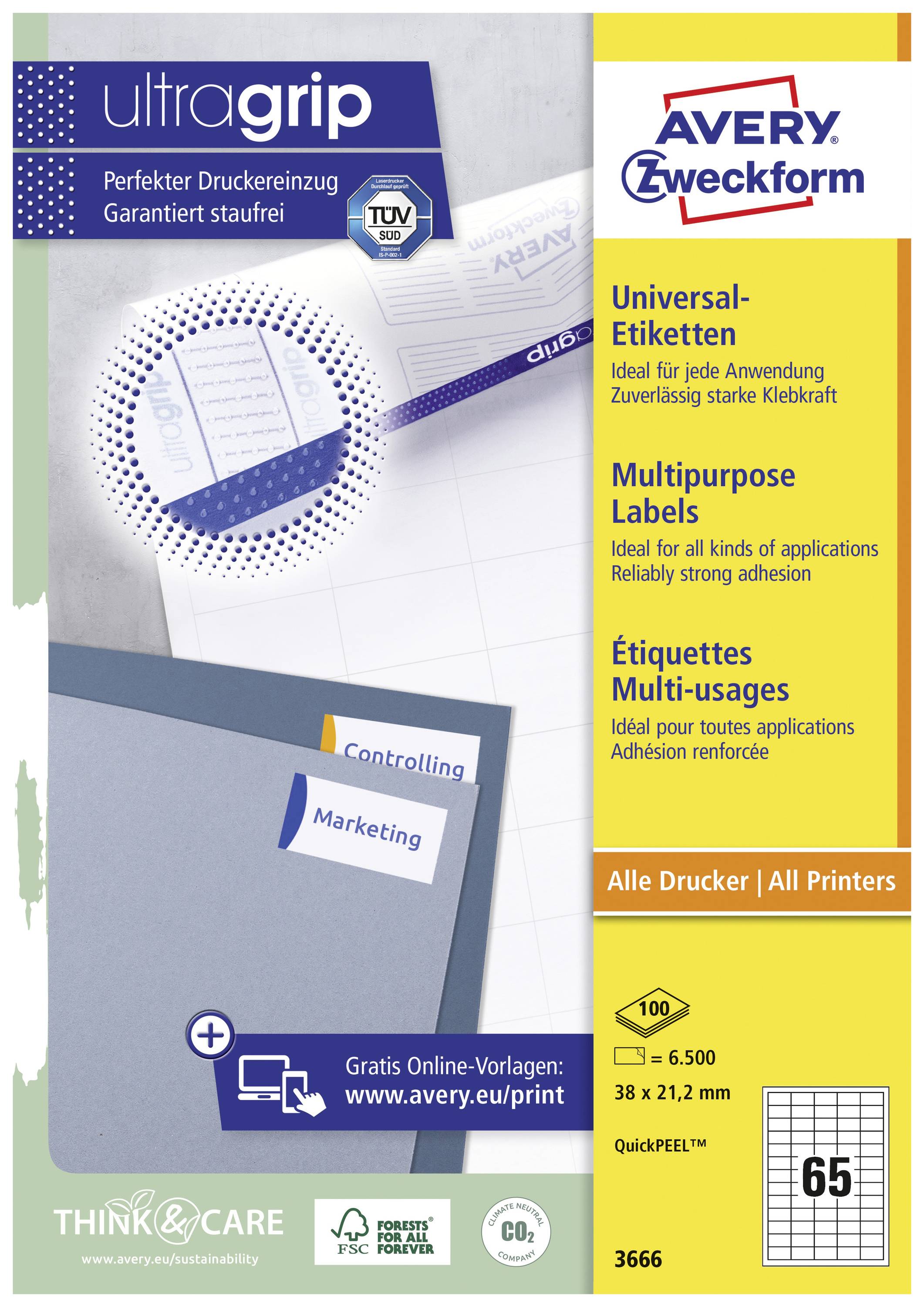 Avery-Zweckform 3666 Universal-Etiketten 38 x 21.2mm Papier Weiß 6500 St. Permanent haftend Tintenstrahldrucker, Laserdrucker