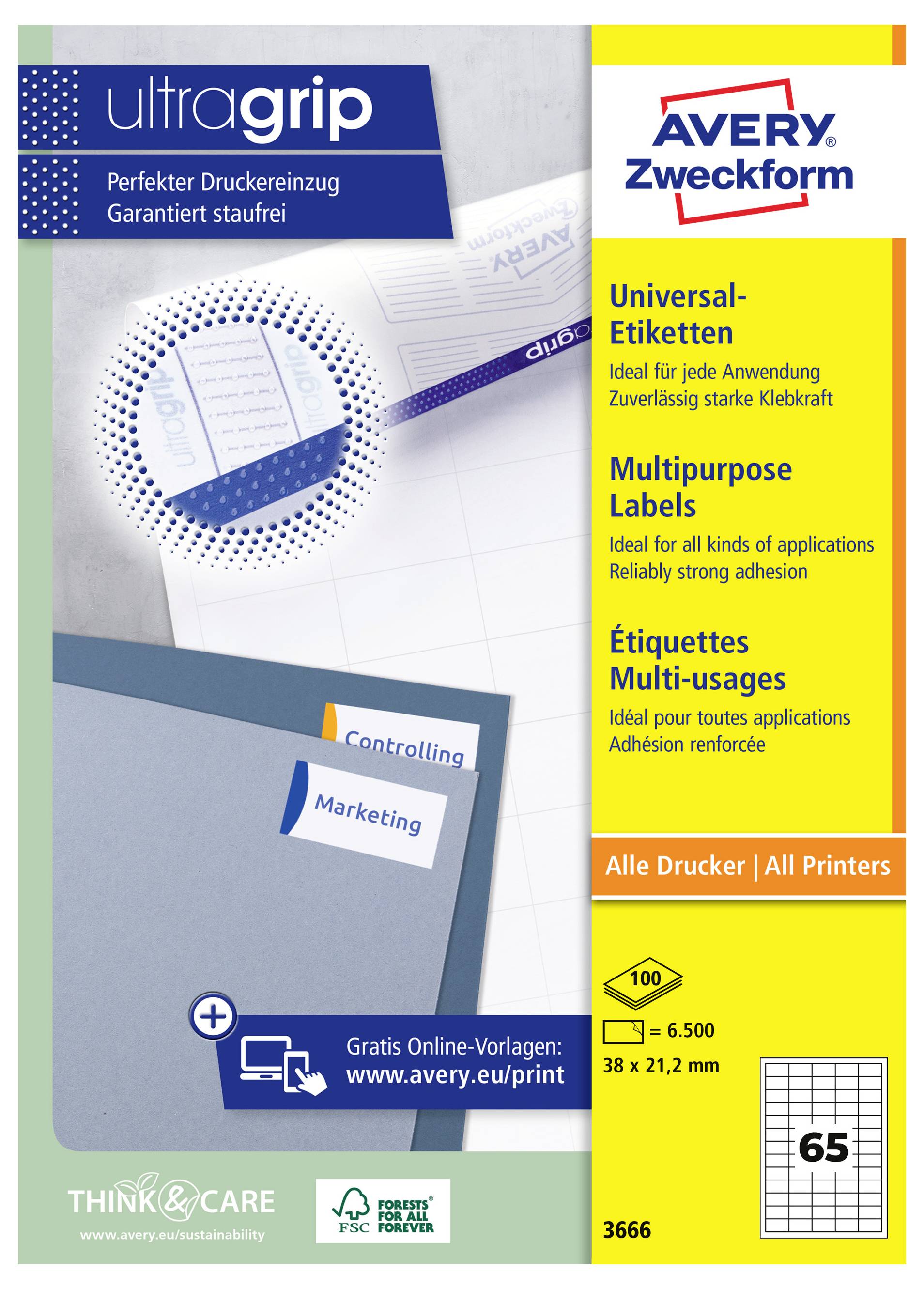 Avery Zweckform ultragrip Mehrzwecketiketten Packung, zeigt 