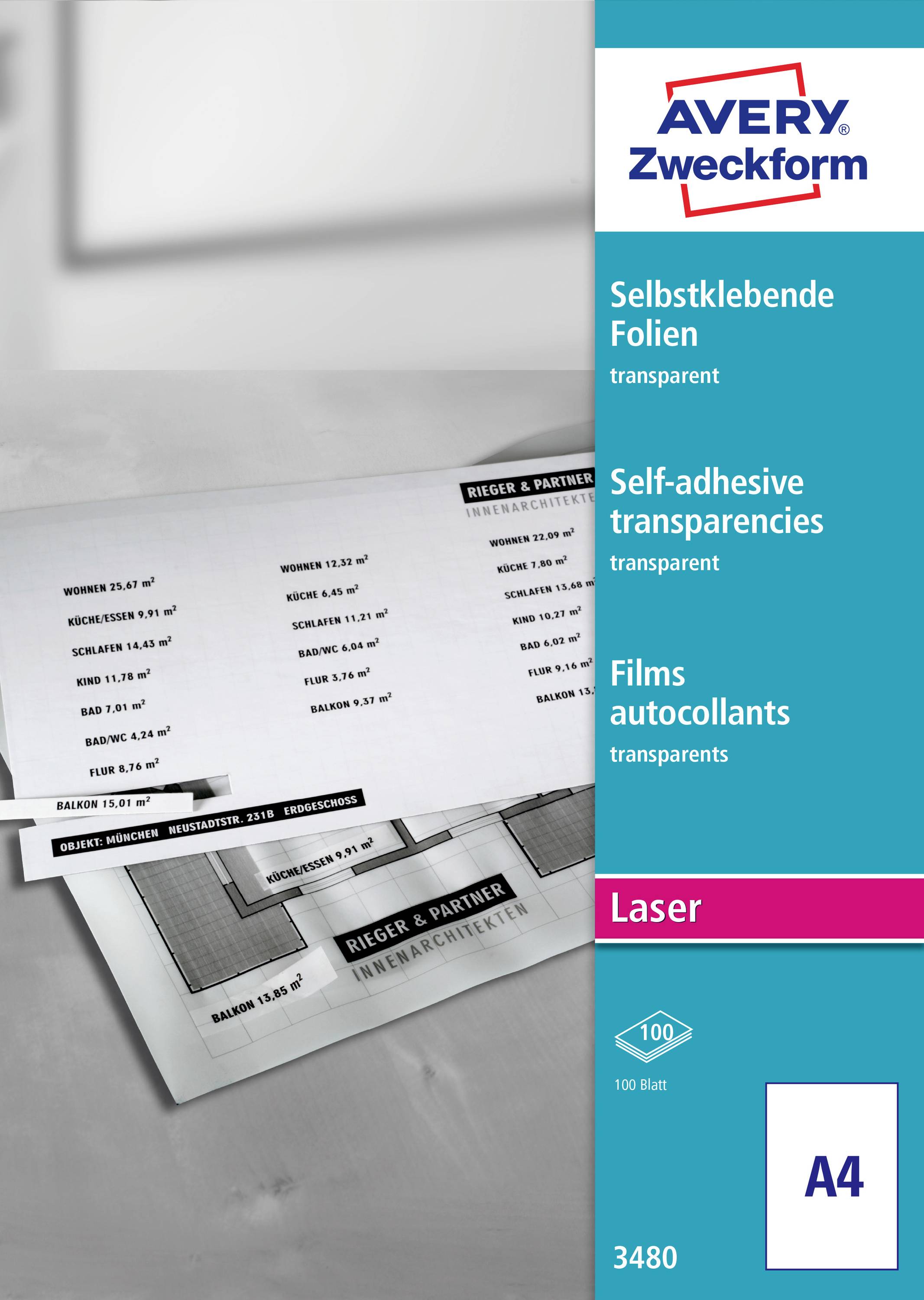 Avery Zweckform selbstklebendes transparentes Laserdrucker-Film Paket für A4-Blätter, mit gedruckten Musterfolien und Produktnummer 3480.
