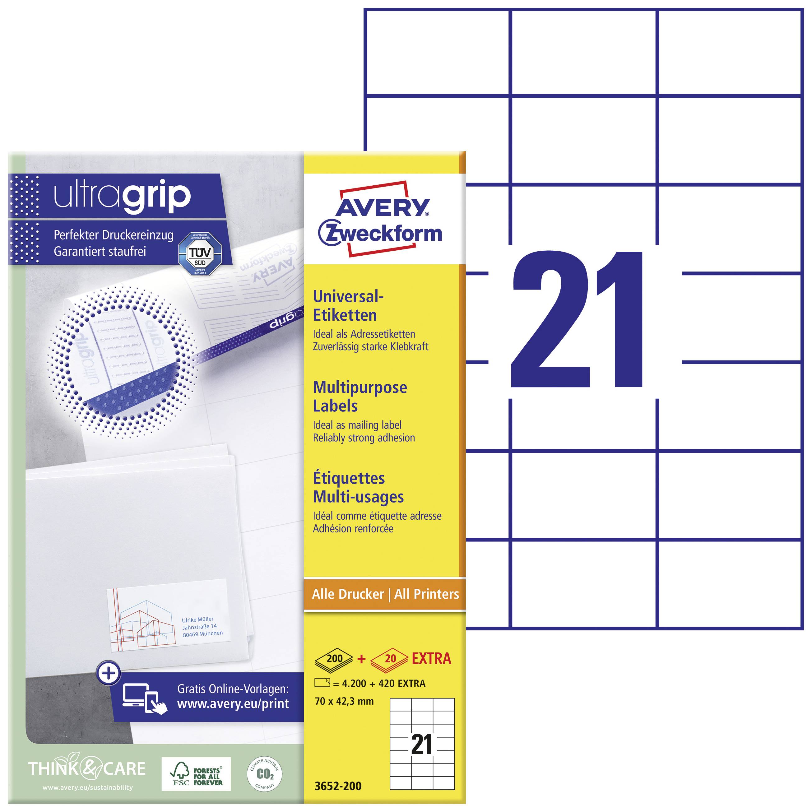 'UltraGrip' Universal-Etiketten von Avery Zweckform, 21 pro Blatt, für alle Druckermodelle geeignet, Inklusive gratis Designvorlagen.