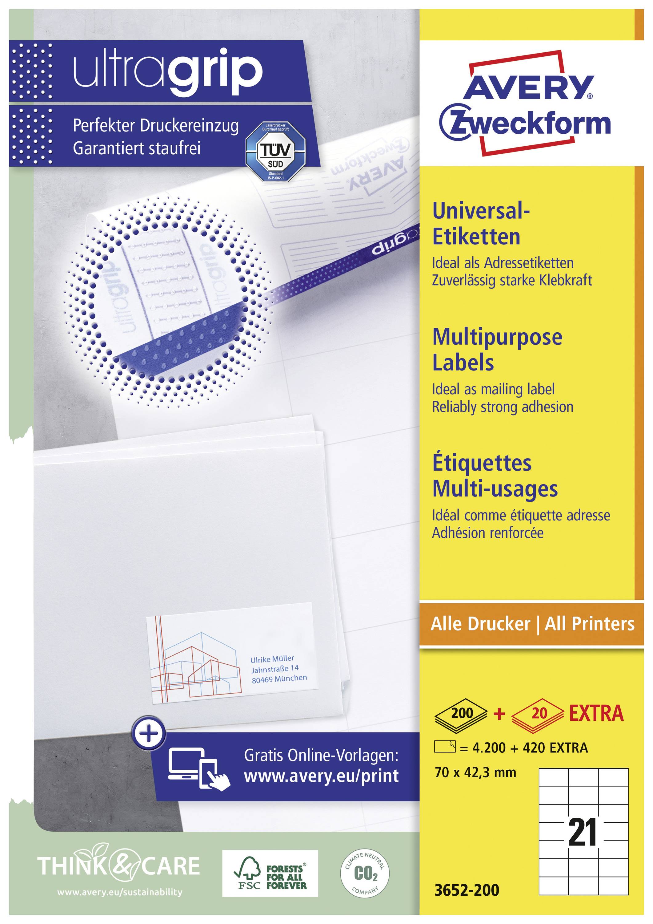 'Universal-Etiketten' von Avery Zweckform, für Drucker geeignet. Enthält 21 Etiketten pro Seite. Maße: 70 x 42,3 mm. Ideal für Adressetiketten.