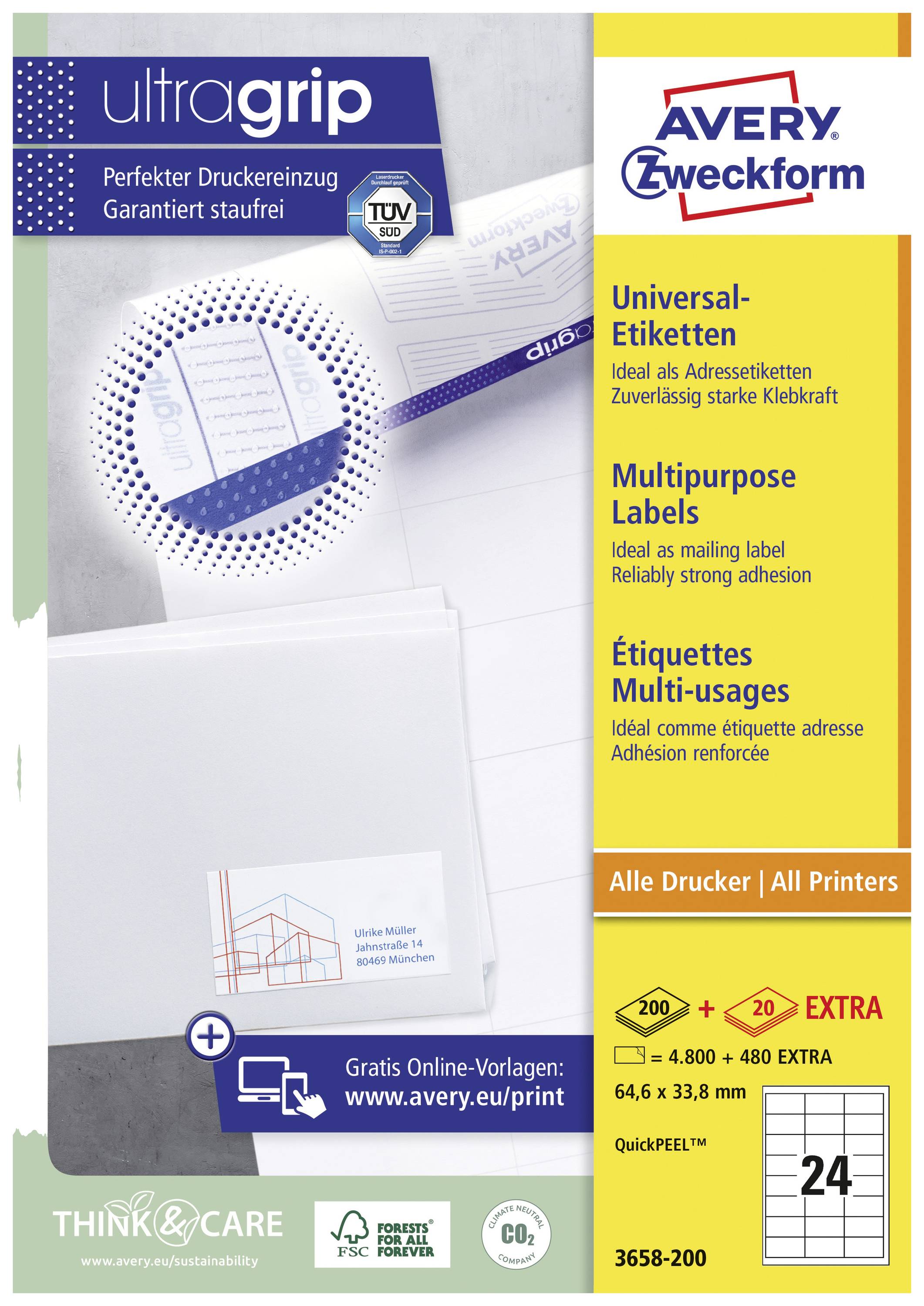 Produktverpackung für Avery Zweckform Universal-Etiketten mit ultragrip-Technologie. Geeignet für alle Drucker, 21 Etiketten pro Blatt.