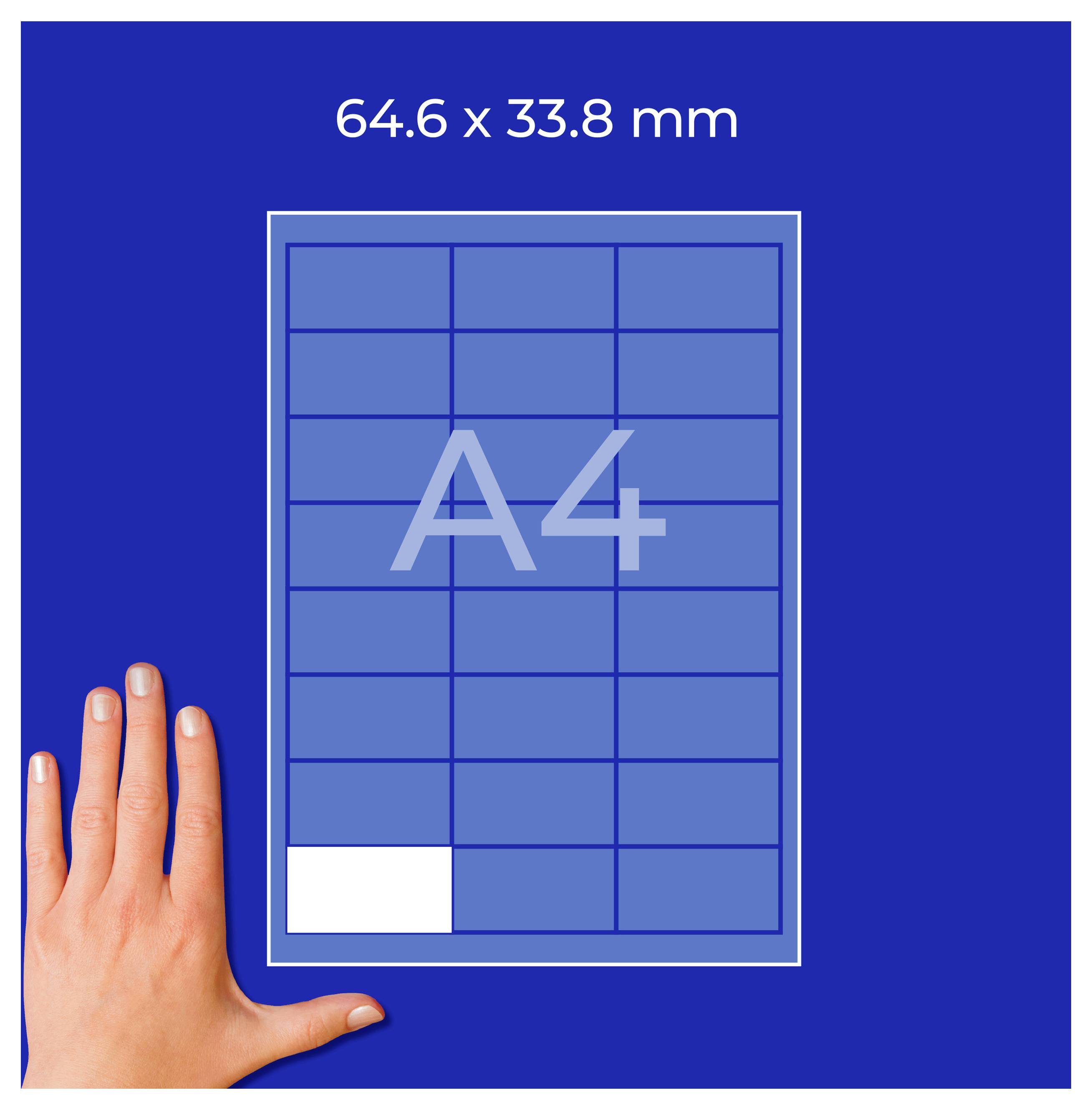 A4-Format mit Raster und Maßangabe '64.6 x 33.8 mm'; Hand zeigt die kleine Größe auf blauem Hintergrund.