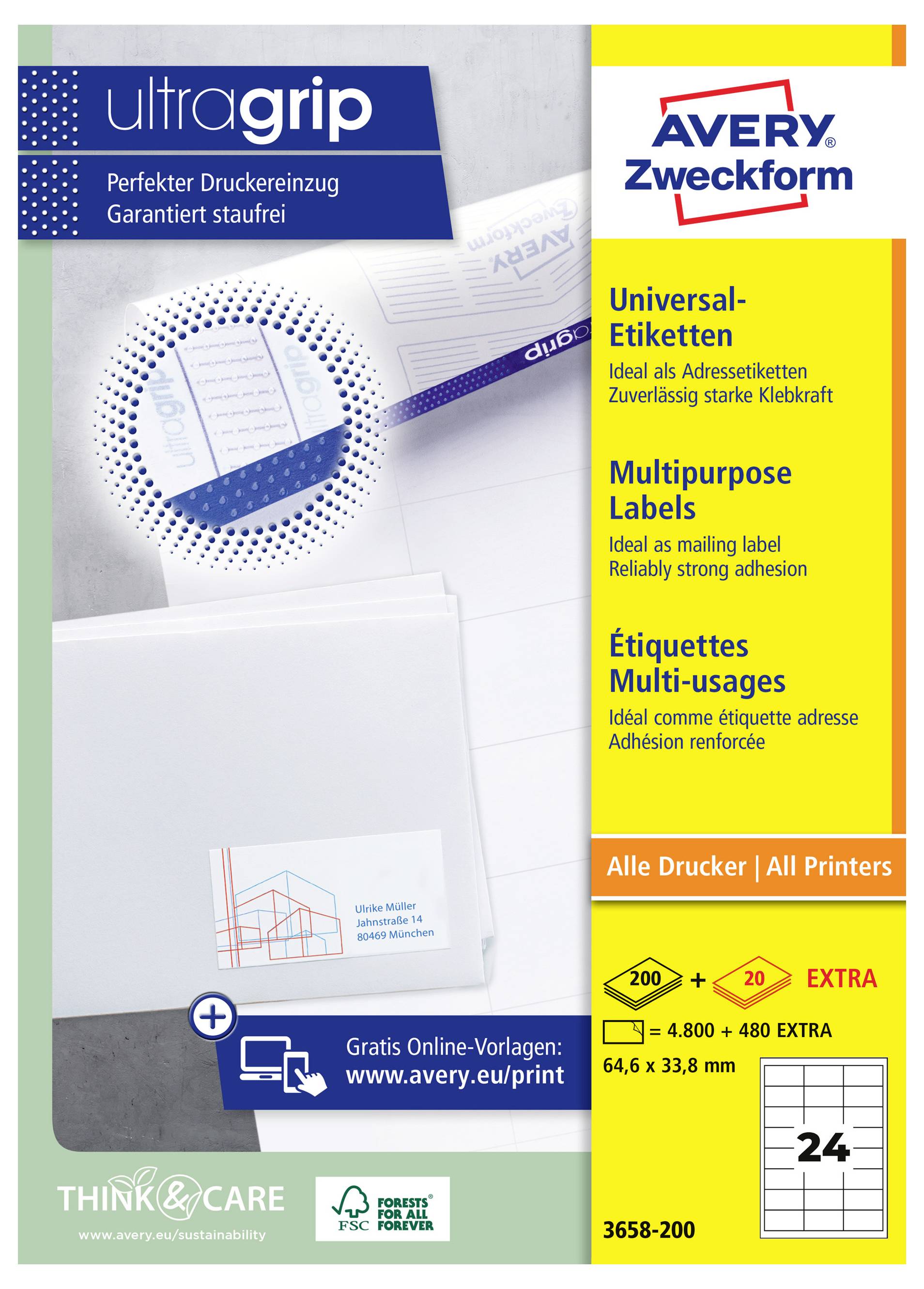 Avery Zweckform Ultragrip Universal-Etiketten Packung mit „Alle Drucker