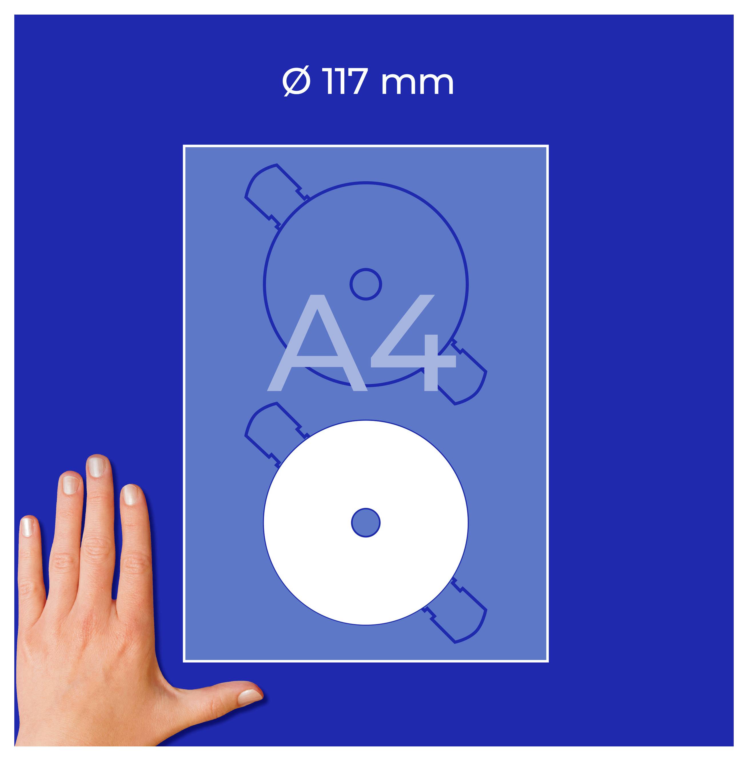 A4-Blatt mit zentrierter Kreisvorlage Ø 117 mm; unten links dient eine Hand als Größenvergleich.