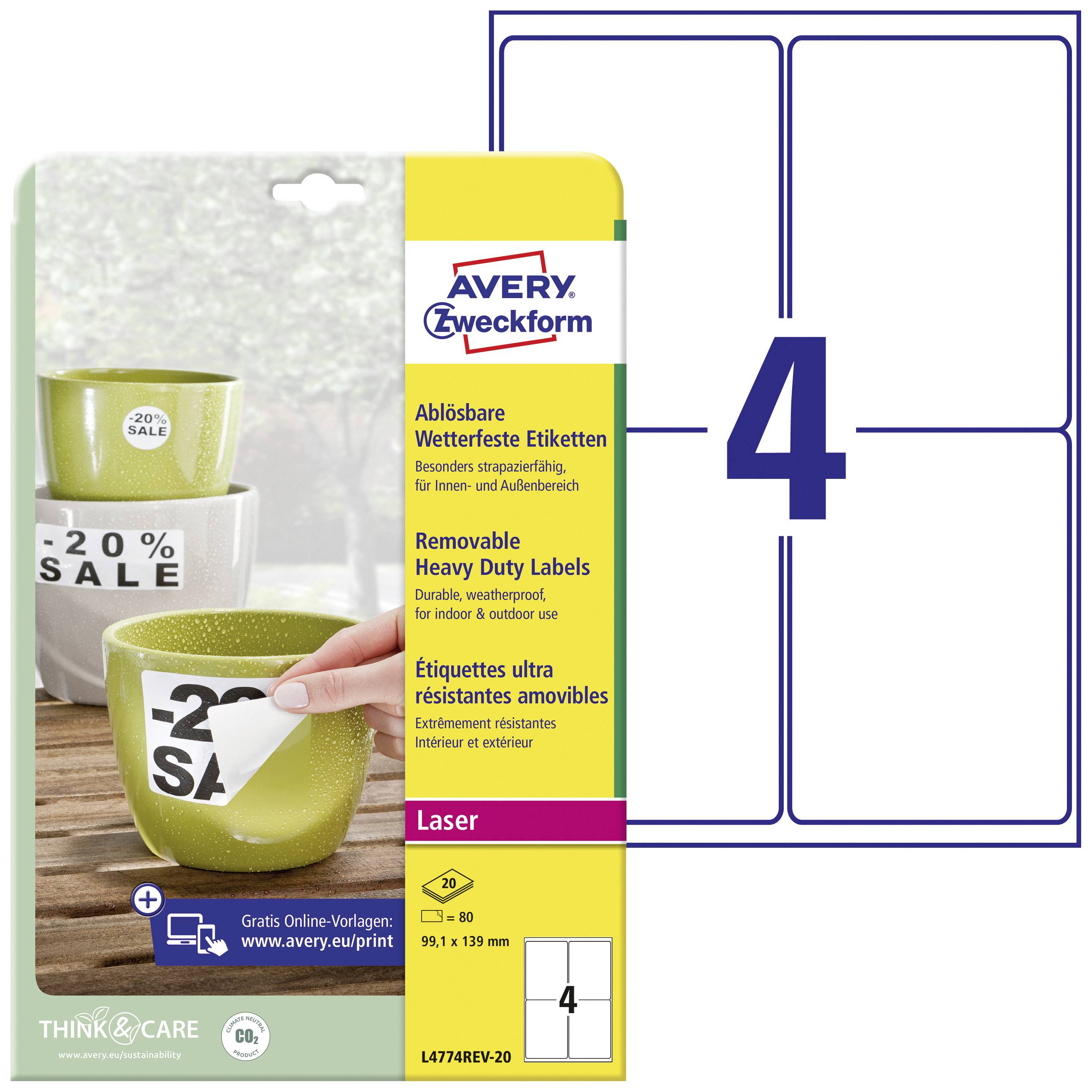 Produktschachtel mit ablösbaren Etiketten von Avery Zweckform, ideal für Laser-Drucker. Hauptmotiv: Etiketten auf Kaffeetassen.