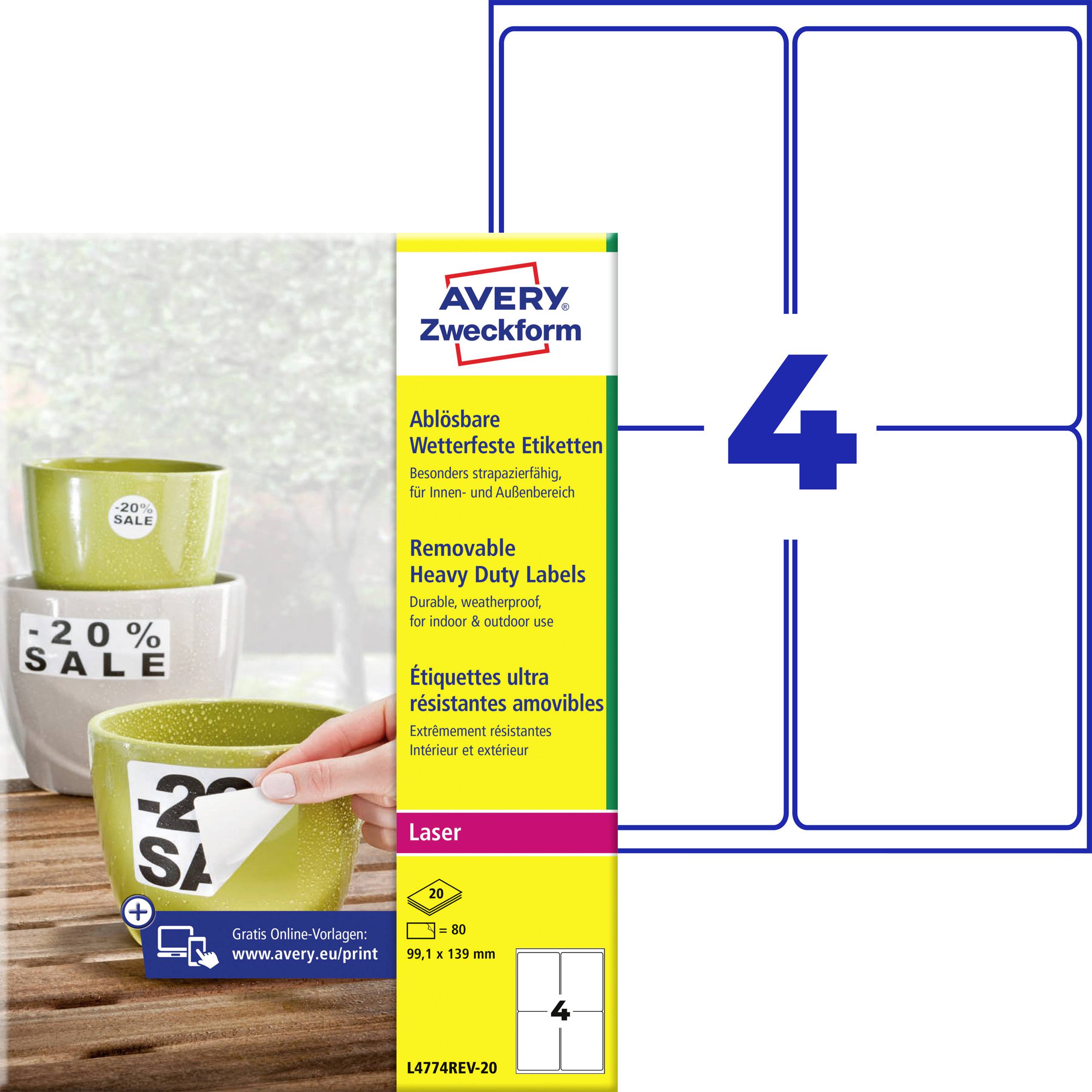 Produktschachtel mit ablösbaren Etiketten von Avery Zweckform, ideal für Laser-Drucker. Hauptmotiv: Etiketten auf Kaffeetassen.