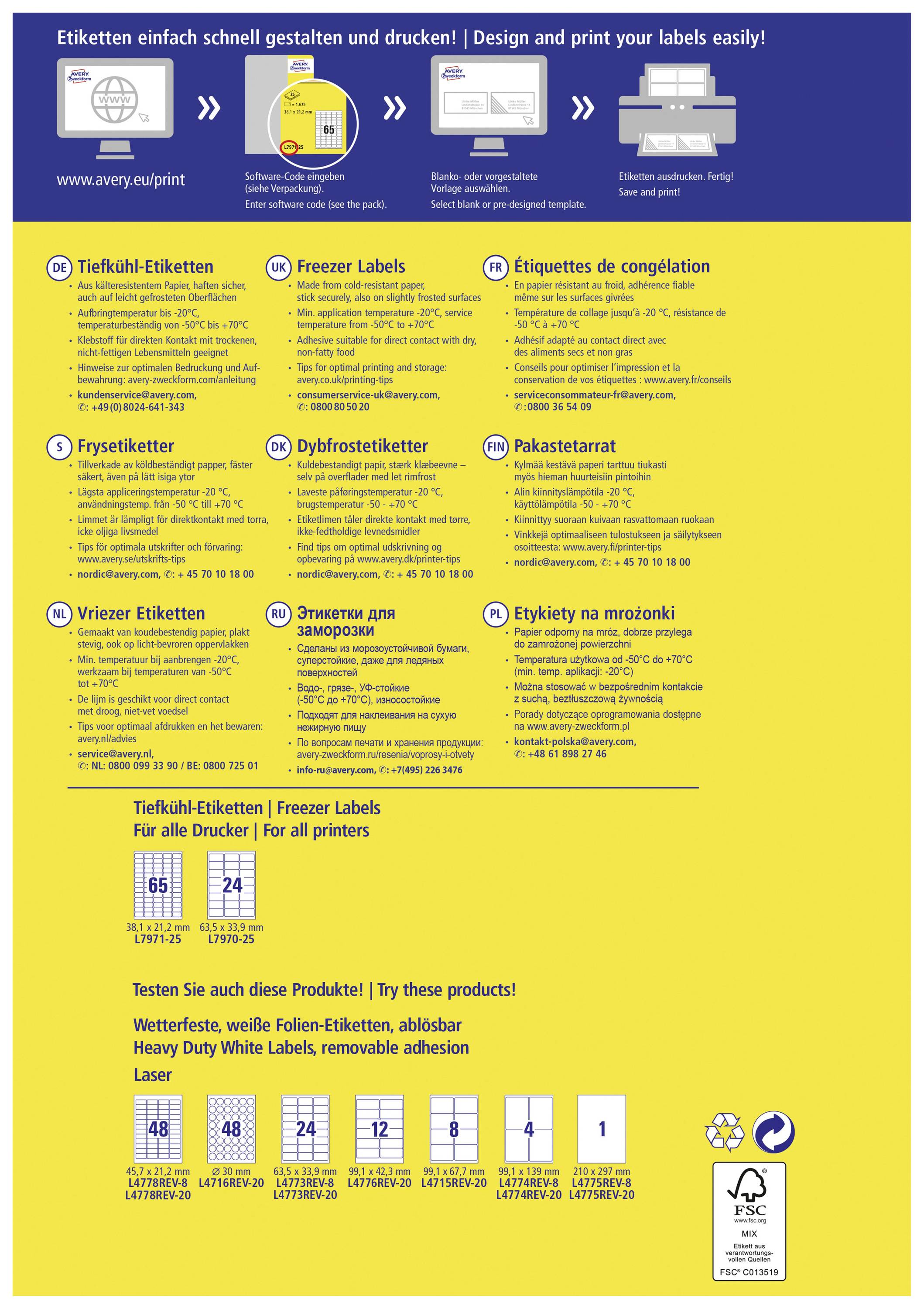 Avery-Zweckform L7970-25 Tiefkühl-Etiketten 63.5 x 33.9mm Papier Weiß 600 St. Permanent haftend Tintenstrahldrucker, Laserdrucker