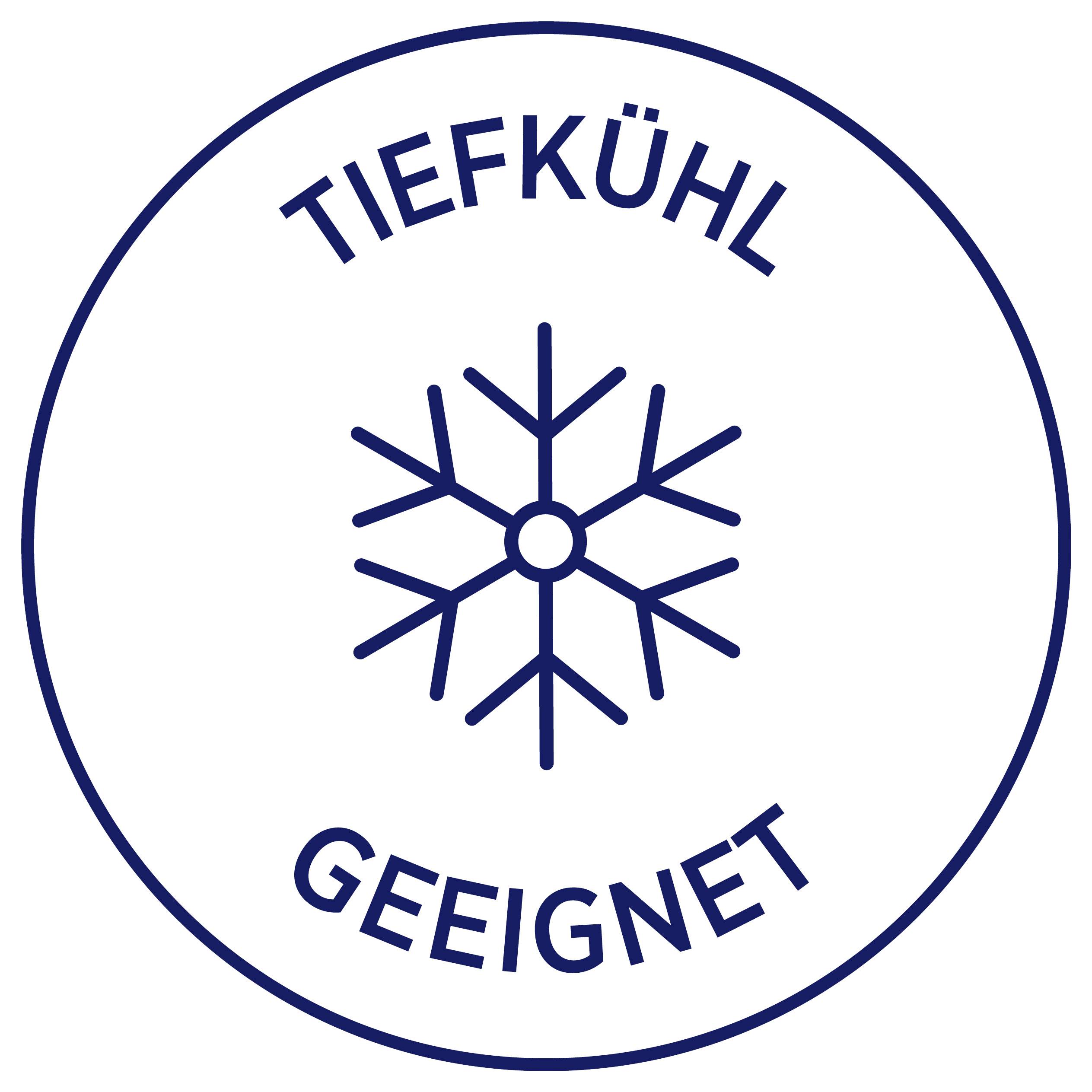 Rundes Siegel mit Schneeflockensymbol und dem Text 'TIEFKÜHL' oben sowie 'GEEIGNET' unten, kennzeichnet ein tiefkühlgeeignetes Produkt.