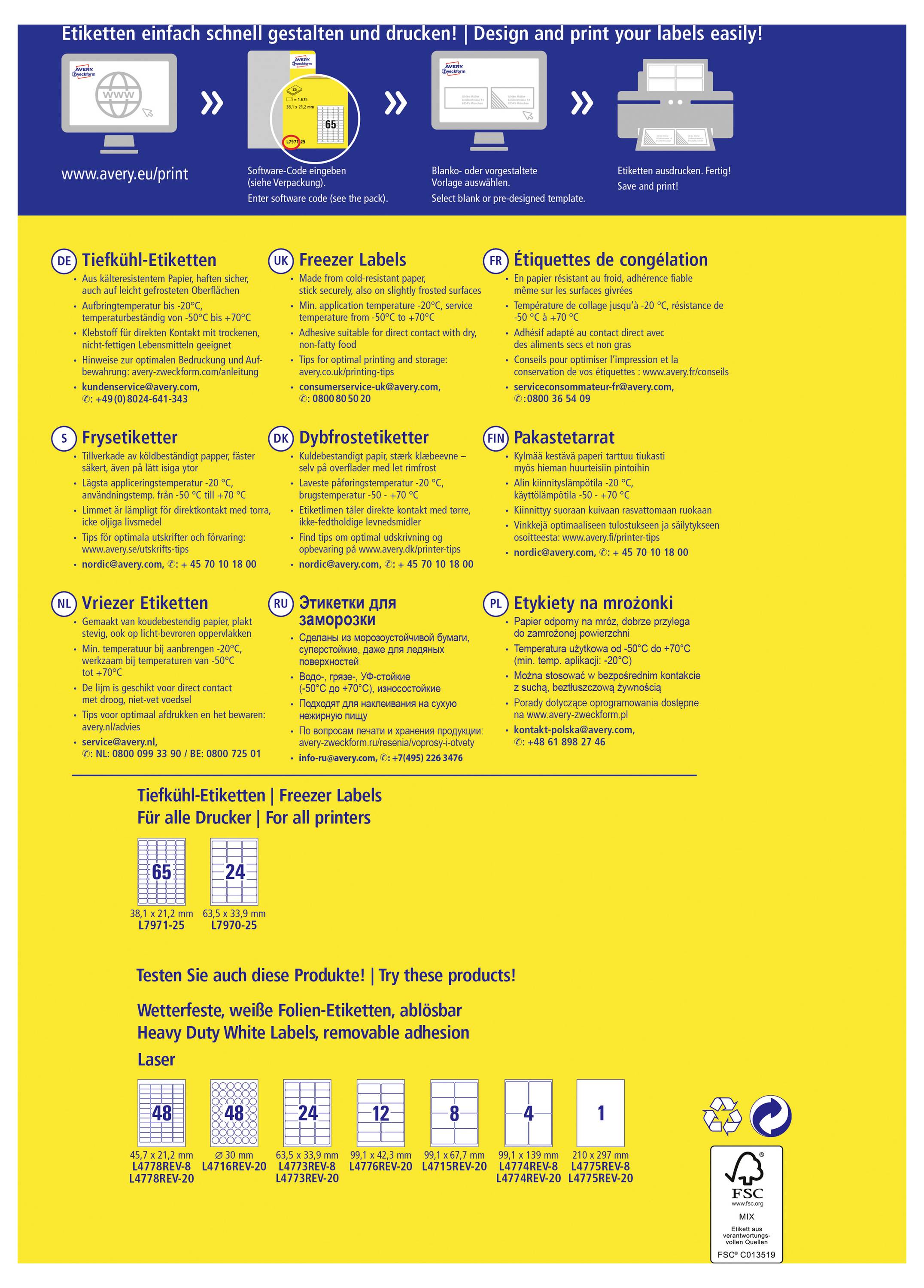 Eine gelb-blaue Katalogseite mit Etiketten, die mehrsprachige Etikettenkategorien, Druckerkompatibilität und Beispiele für Etikettengrößen mit Recycling- und FSC-Symbolen zeigt.