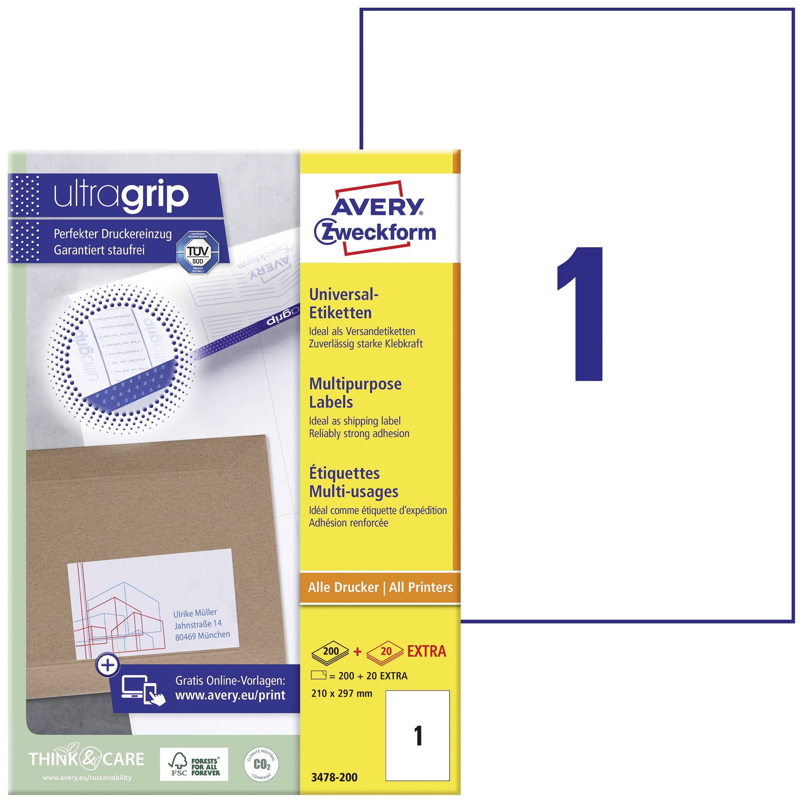 Etikettenpackung von Avery Zweckform UltraGrip, kompatibel mit allen Druckern. Enthält 200 Etiketten, Größe A4, weiß.