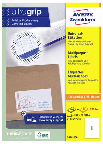 Avery-Zweckform 3478-200 Universal-Etiketten 210 x 297 mm Papier Weiß 200 St. Permanent haftend Far